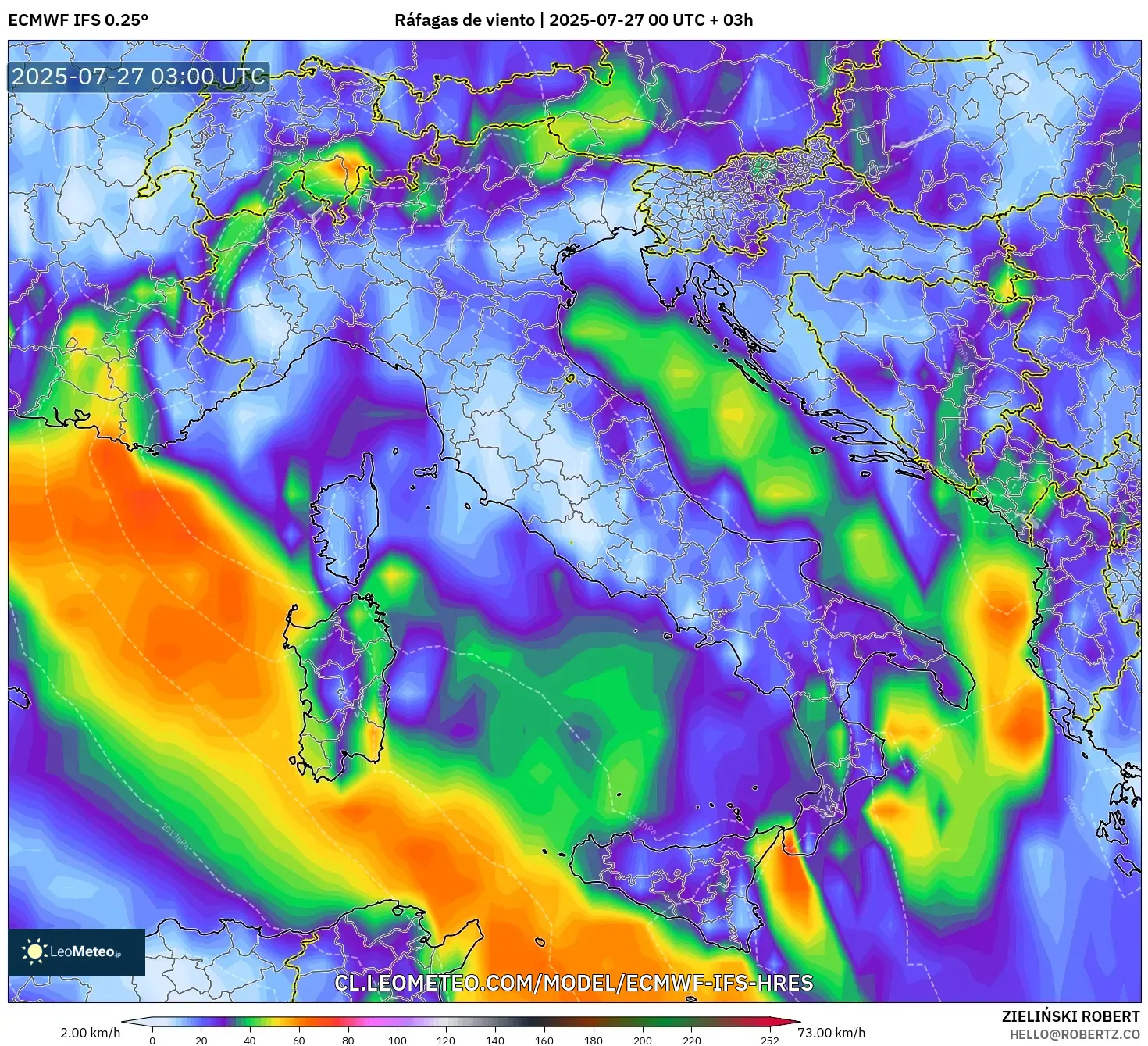 ECMWF IFS 0.25° model - Italia, Ráfagas de viento ECMWF IFS 0.25° model - Italia, Ráfagas de viento