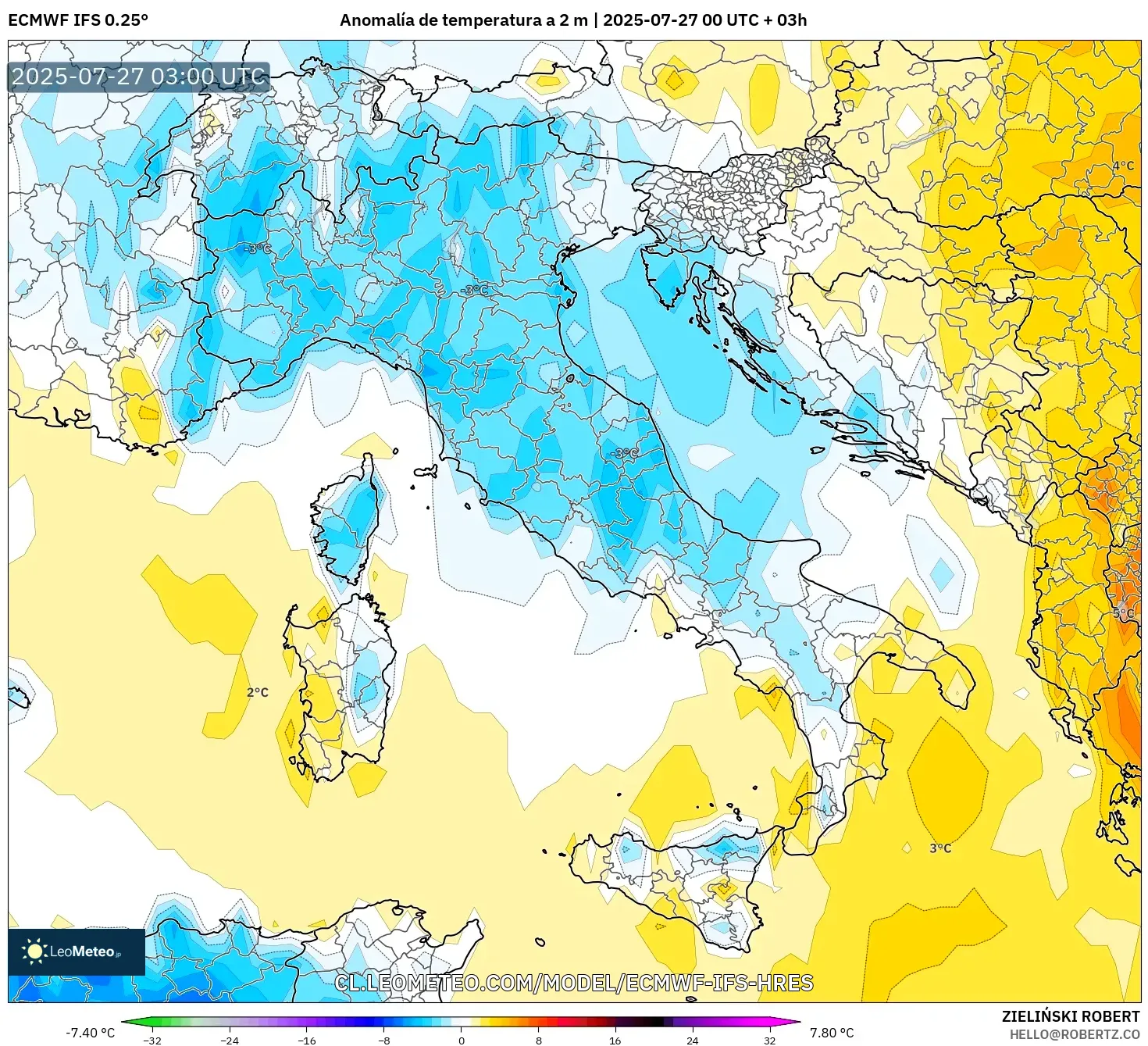 ECMWF IFS 0.25° model - Italia, Anomalía de temperatura a 2 m ECMWF IFS 0.25° model - Italia, Anomalía de temperatura a 2 m