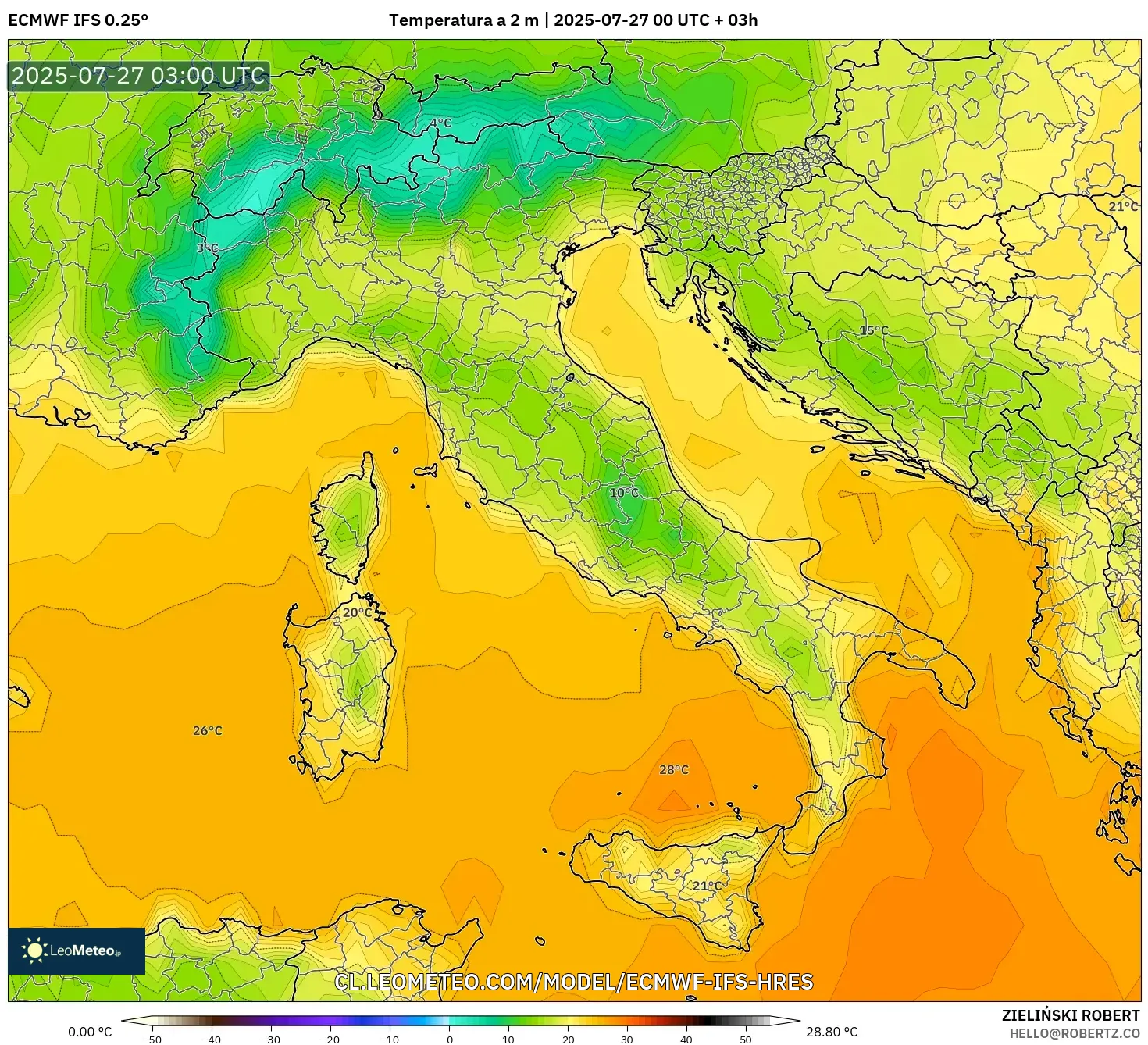 ECMWF IFS 0.25° model - Italia, Temperatura a 2 m ECMWF IFS 0.25° model - Italia, Temperatura a 2 m