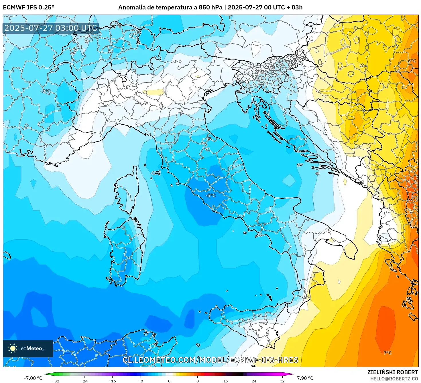 ECMWF IFS 0.25° model - Italia, Anomalía de temperatura a 850 hPa ECMWF IFS 0.25° model - Italia, Anomalía de temperatura a 850 hPa