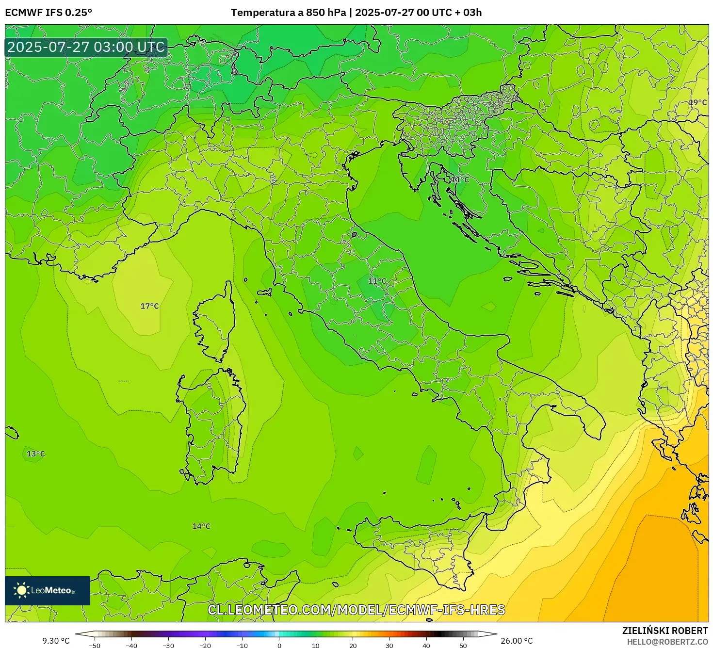 ECMWF IFS 0.25° model - Italia, Temperatura a 850 hPa ECMWF IFS 0.25° model - Italia, Temperatura a 850 hPa