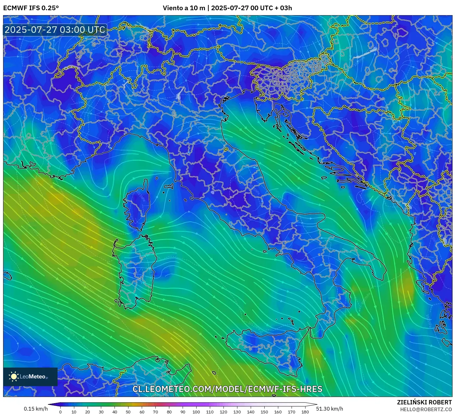 ECMWF IFS 0.25° model - Italia, Viento a 10 m ECMWF IFS 0.25° model - Italia, Viento a 10 m