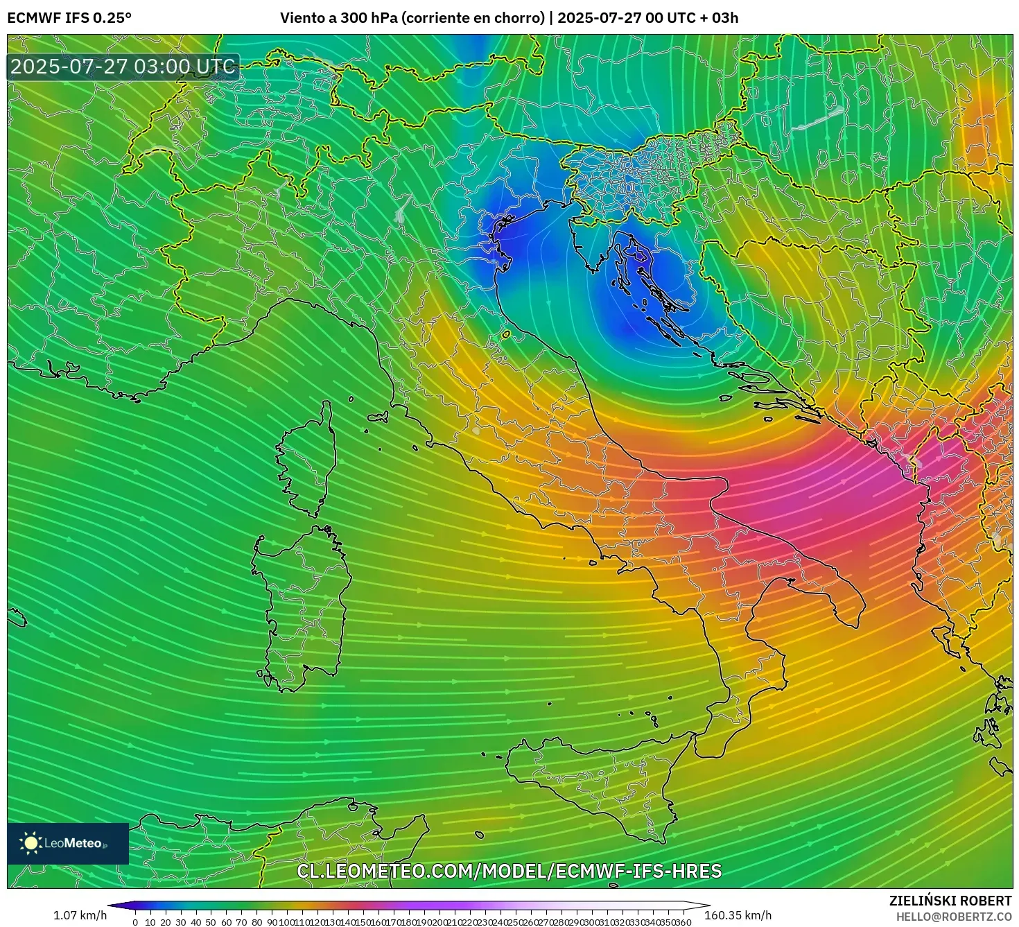 ECMWF IFS 0.25° model - Italia, Viento a 300 hPa (corriente en chorro) ECMWF IFS 0.25° model - Italia, Viento a 300 hPa (corriente en chorro)