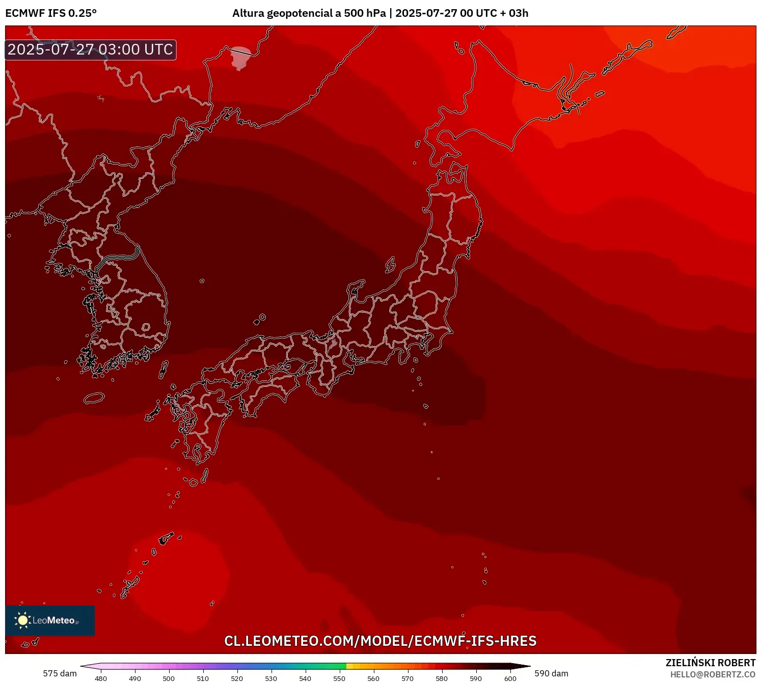 ECMWF IFS 0.25° model - Japón, Altura geopotencial a 500 hPa ECMWF IFS 0.25° model - Japón, Altura geopotencial a 500 hPa