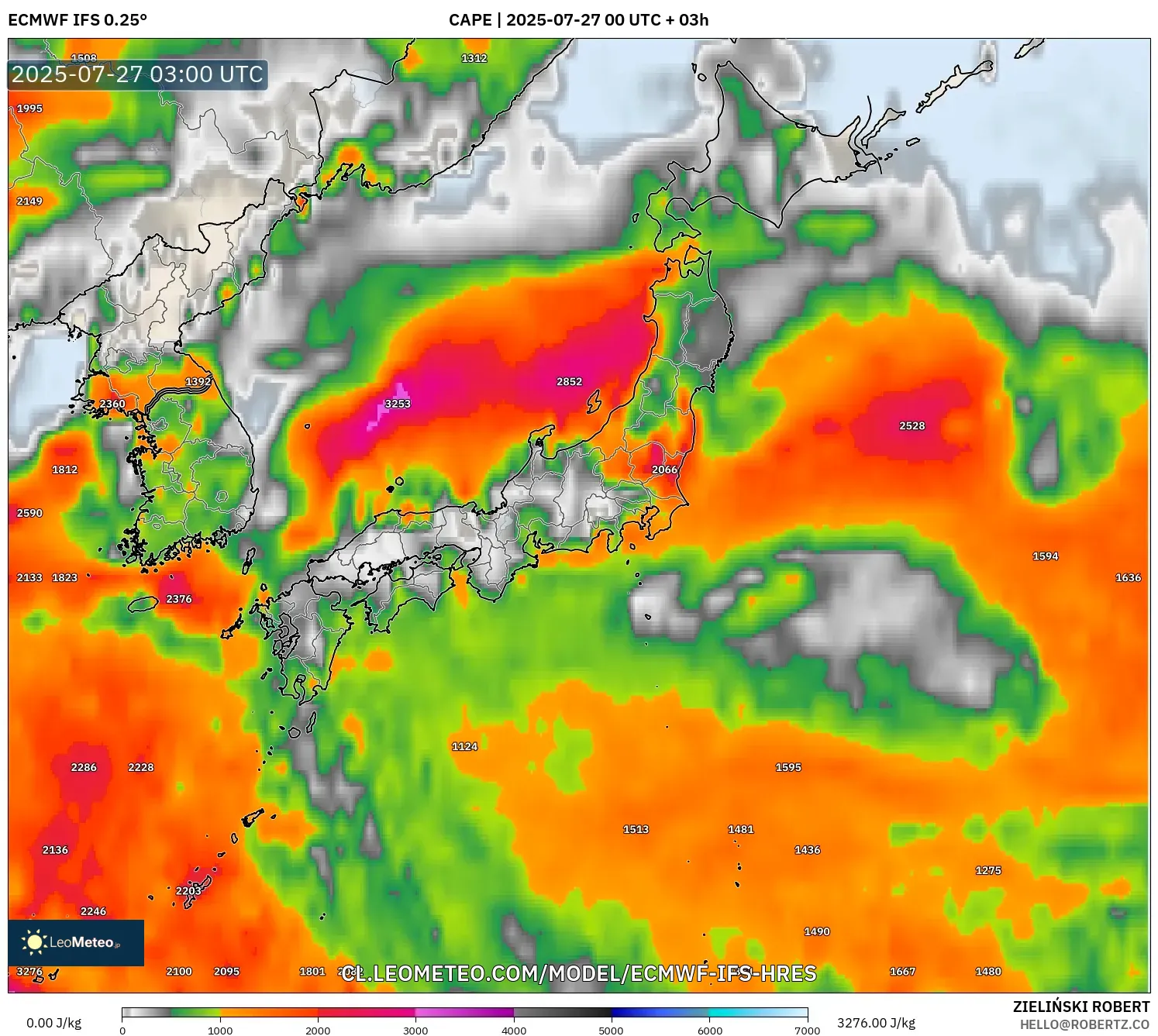 ECMWF IFS 0.25° model - Japón, CAPE ECMWF IFS 0.25° model - Japón, CAPE