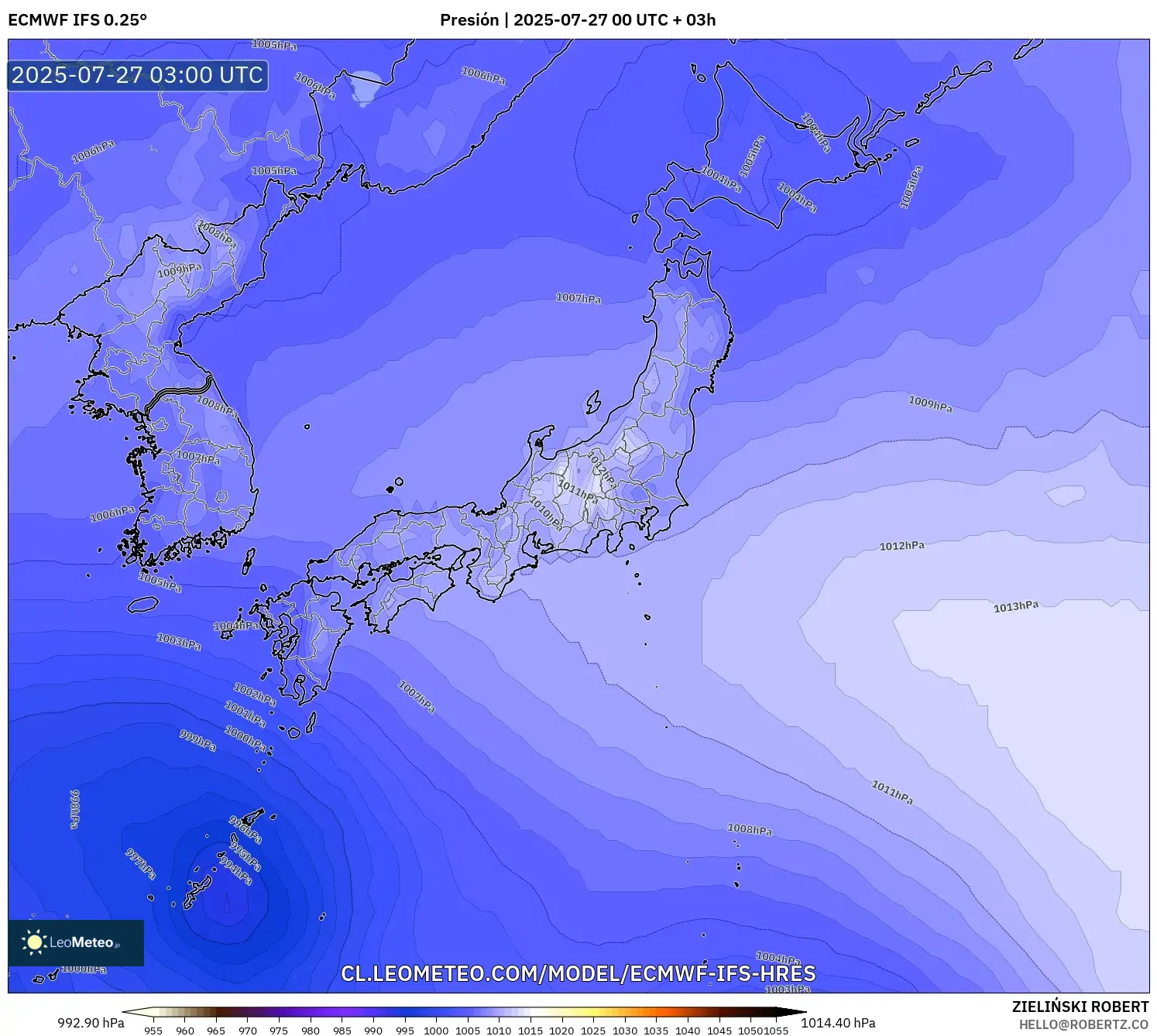 ECMWF IFS 0.25° model - Japón, Presión ECMWF IFS 0.25° model - Japón, Presión