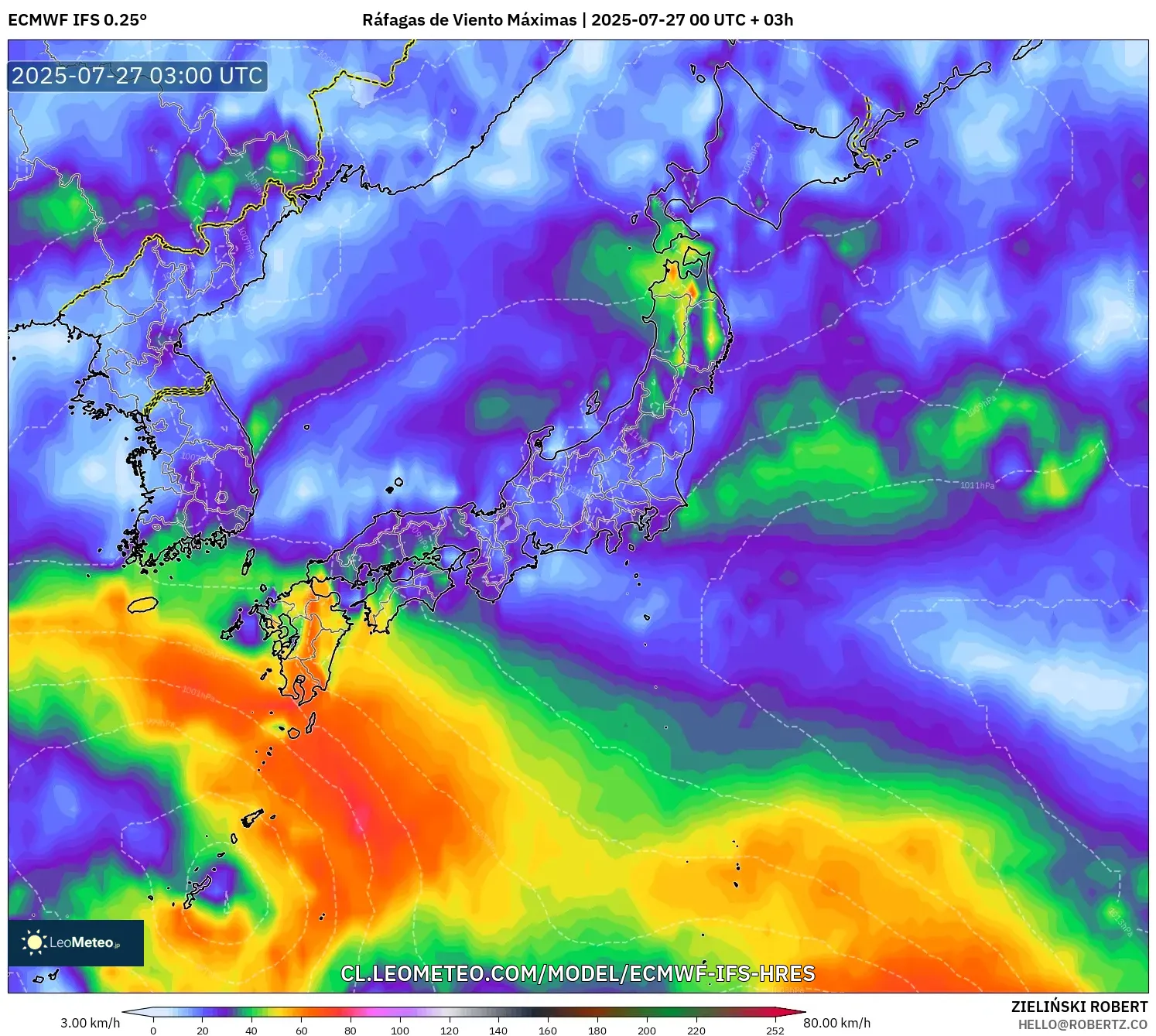 ECMWF IFS 0.25° model - Japón, Ráfagas de Viento Máximas