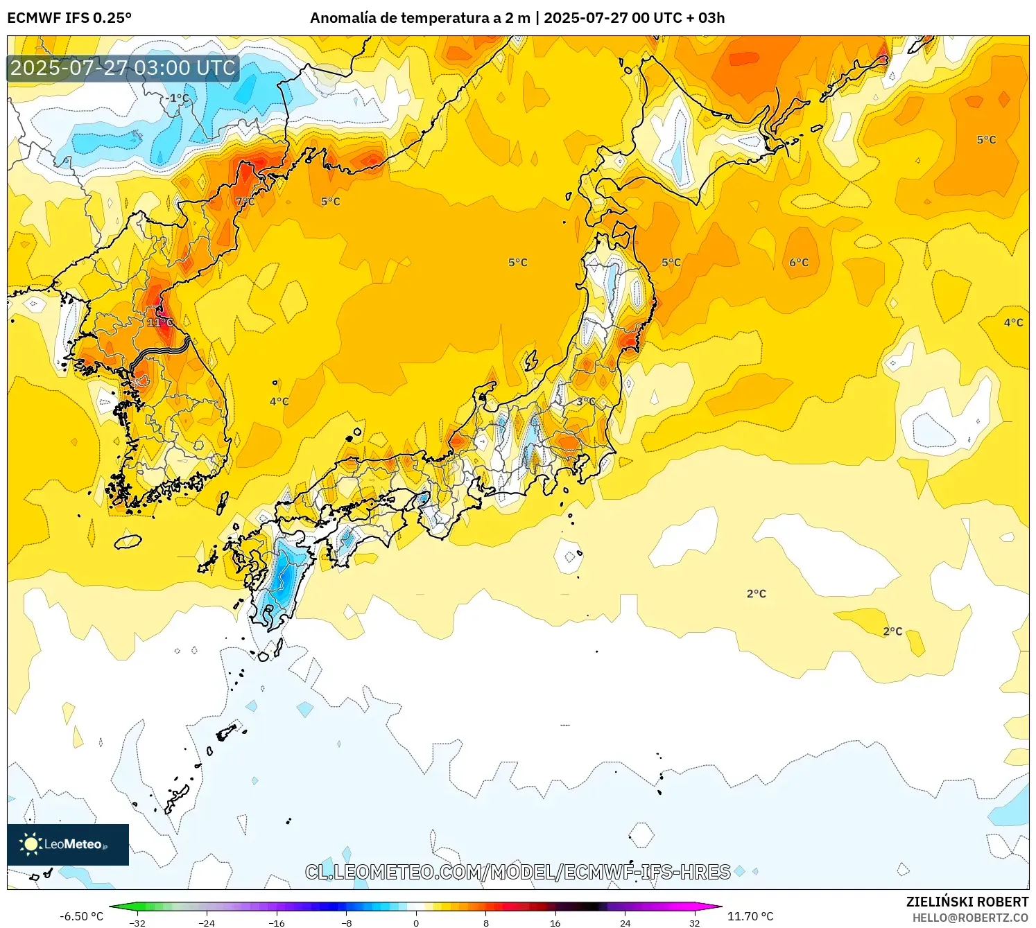 ECMWF IFS 0.25° model - Japón, Anomalía de temperatura a 2 m ECMWF IFS 0.25° model - Japón, Anomalía de temperatura a 2 m
