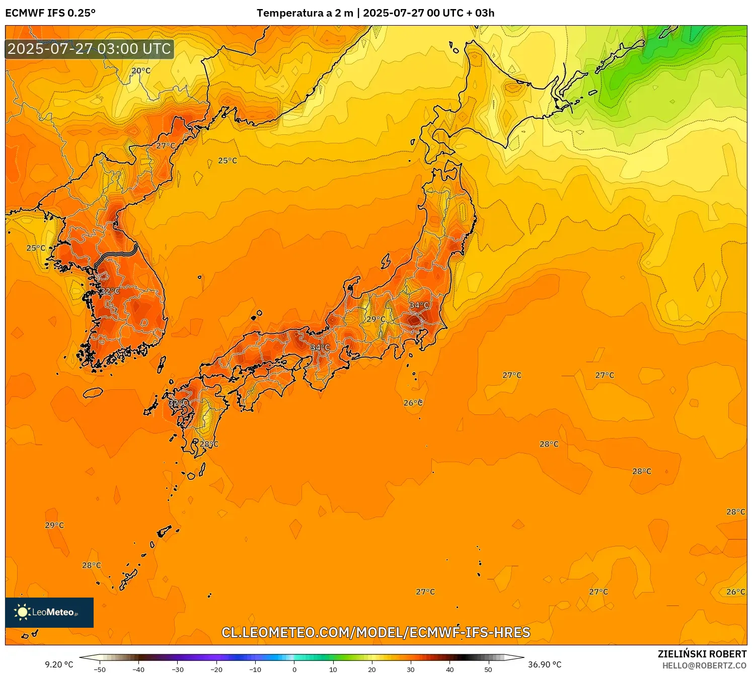 ECMWF IFS 0.25° model - Japón, Temperatura a 2 m ECMWF IFS 0.25° model - Japón, Temperatura a 2 m