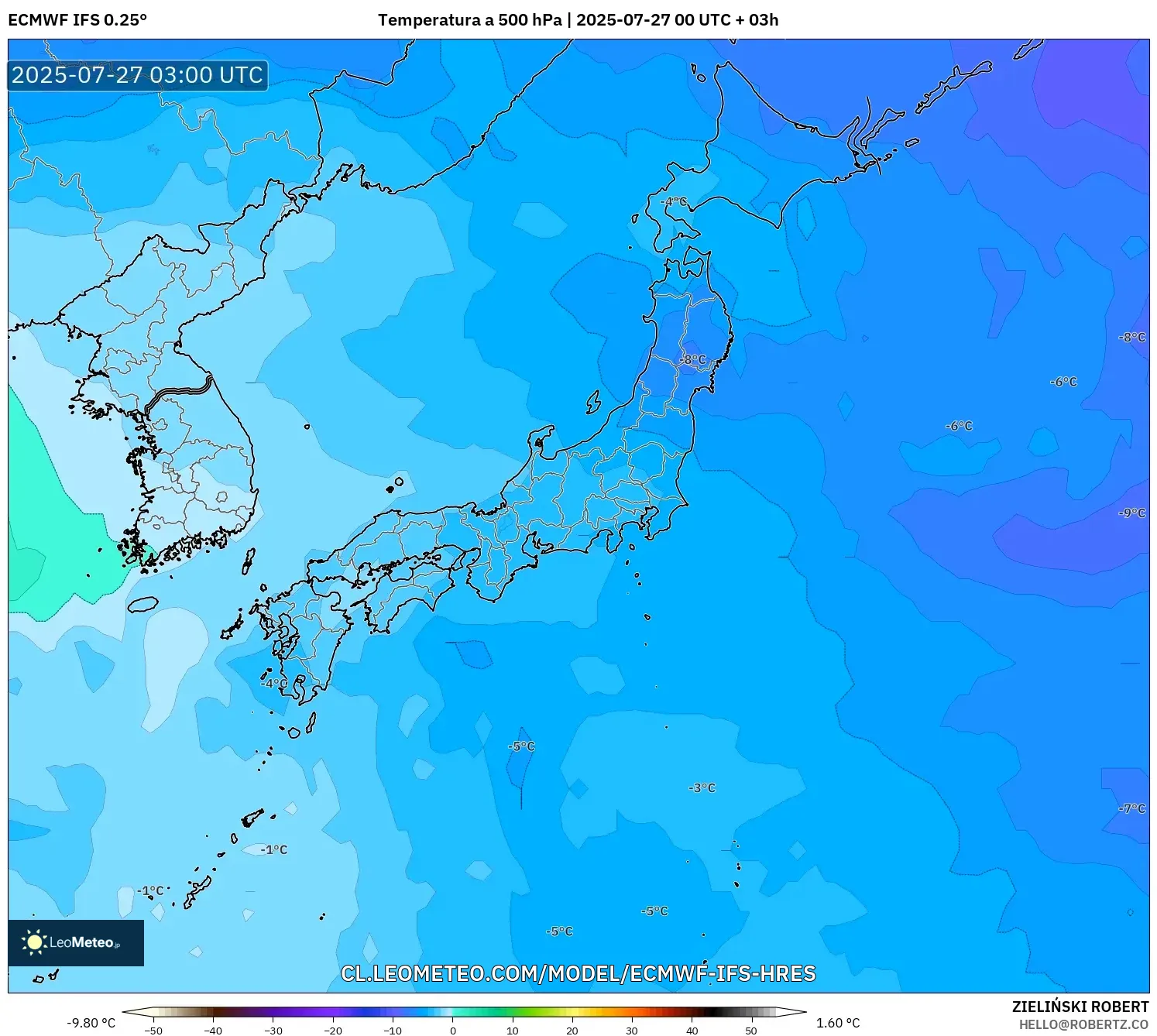ECMWF IFS 0.25° model - Japón, Temperatura a 500 hPa ECMWF IFS 0.25° model - Japón, Temperatura a 500 hPa