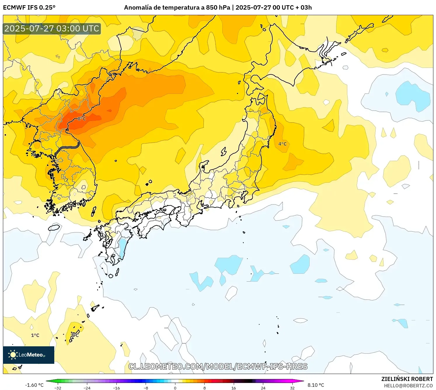 ECMWF IFS 0.25° model - Japón, Anomalía de temperatura a 850 hPa ECMWF IFS 0.25° model - Japón, Anomalía de temperatura a 850 hPa