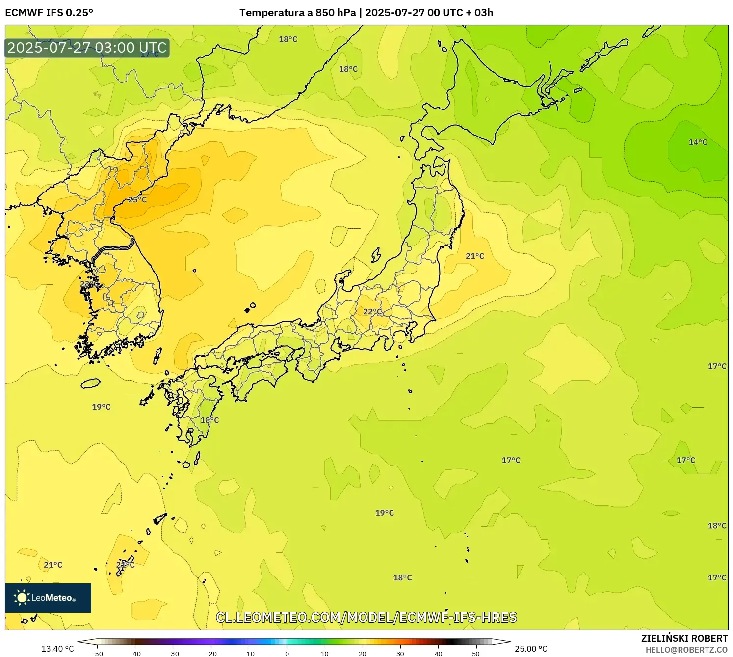ECMWF IFS 0.25° model - Japón, Temperatura a 850 hPa ECMWF IFS 0.25° model - Japón, Temperatura a 850 hPa
