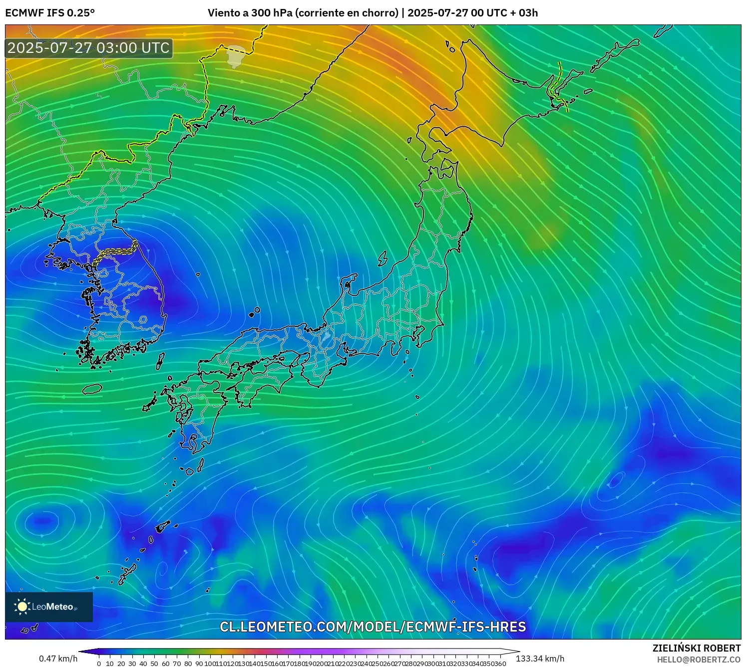 ECMWF IFS 0.25° model - Japón, Viento a 300 hPa (corriente en chorro) ECMWF IFS 0.25° model - Japón, Viento a 300 hPa (corriente en chorro)