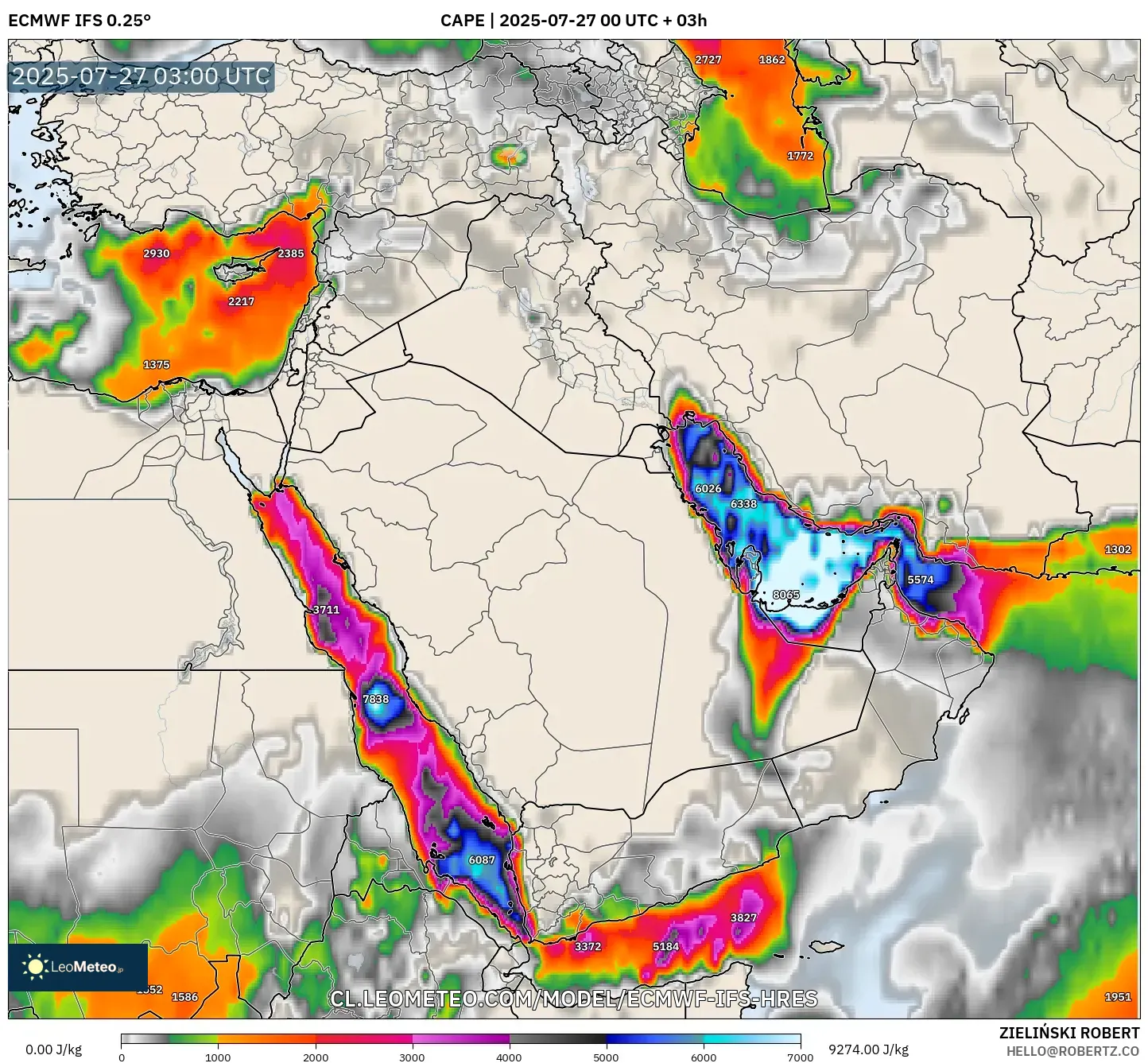 ECMWF IFS 0.25° model - Oriente Medio, CAPE ECMWF IFS 0.25° model - Oriente Medio, CAPE