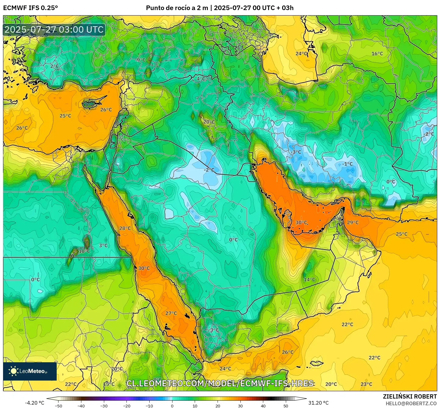 ECMWF IFS 0.25° model - Oriente Medio, Punto de rocío a 2 m ECMWF IFS 0.25° model - Oriente Medio, Punto de rocío a 2 m