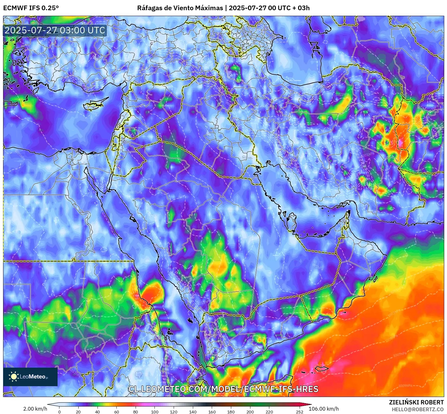ECMWF IFS 0.25° model - Oriente Medio, Ráfagas de Viento Máximas ECMWF IFS 0.25° model - Oriente Medio, Ráfagas de Viento Máximas