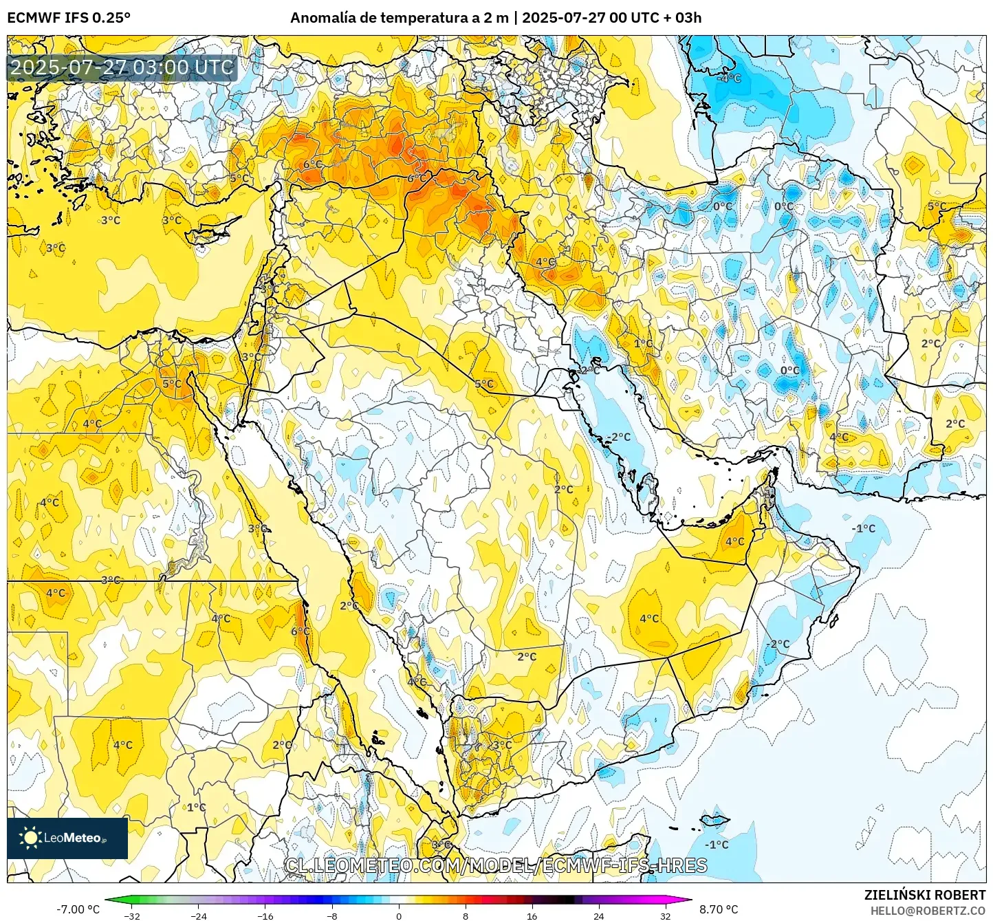 ECMWF IFS 0.25° model - Oriente Medio, Anomalía de temperatura a 2 m ECMWF IFS 0.25° model - Oriente Medio, Anomalía de temperatura a 2 m