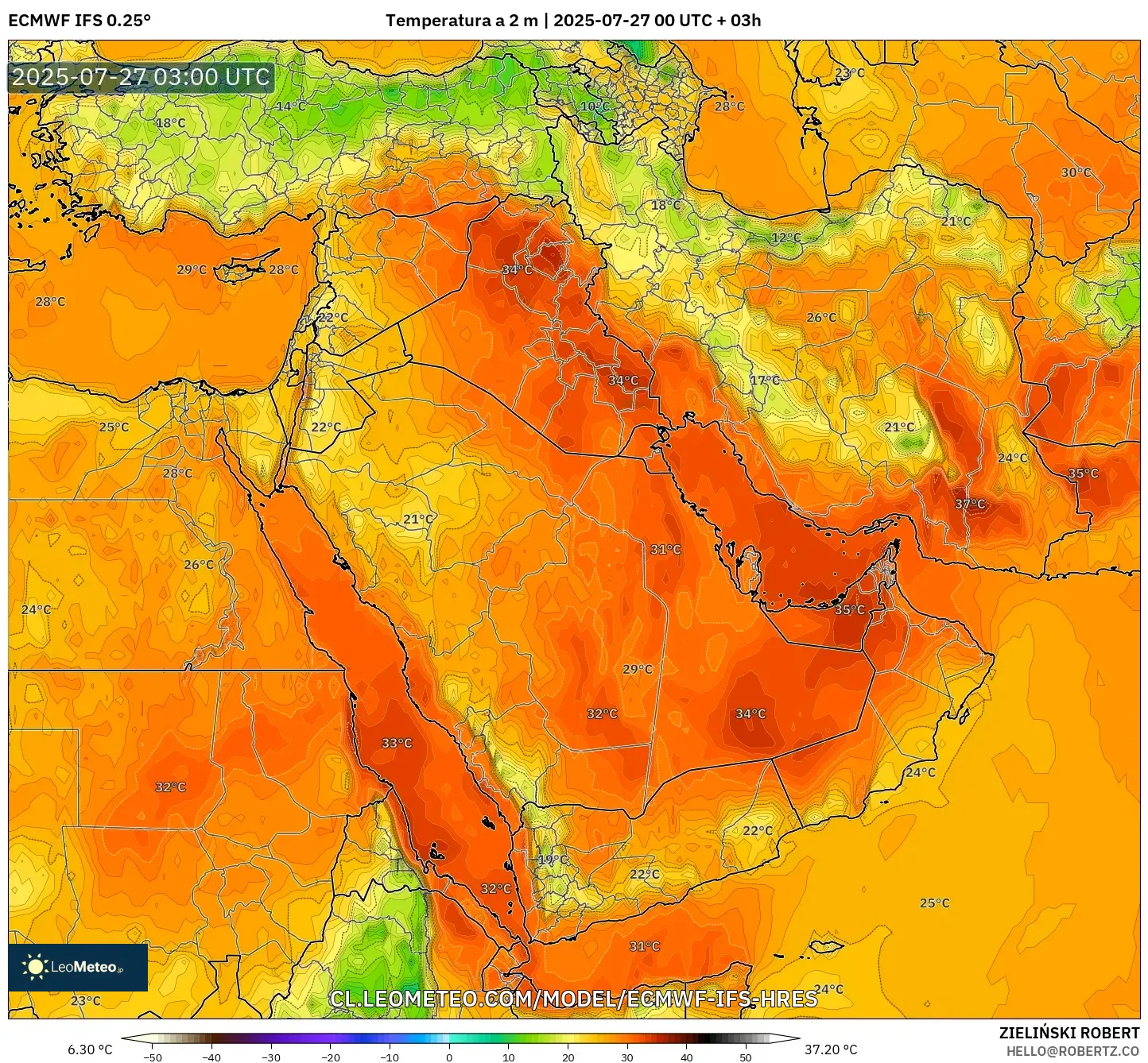 ECMWF IFS 0.25° model - Oriente Medio, Temperatura a 2 m
