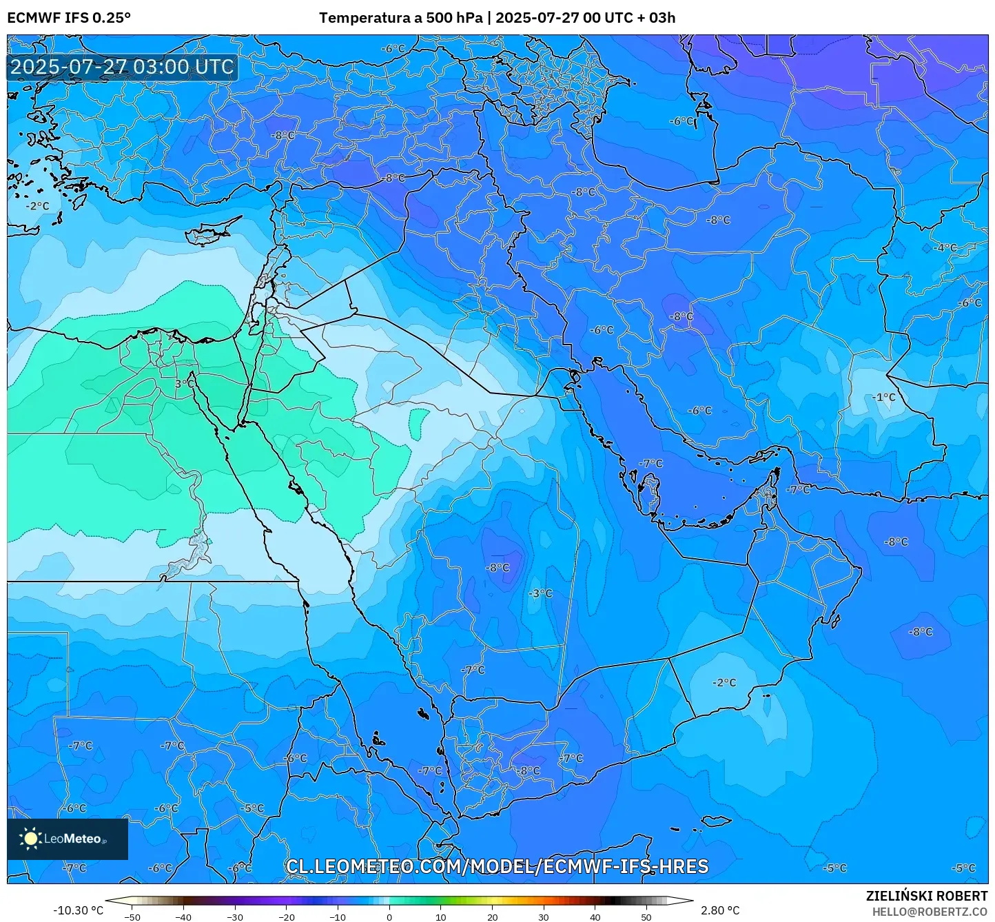ECMWF IFS 0.25° model - Oriente Medio, Temperatura a 500 hPa ECMWF IFS 0.25° model - Oriente Medio, Temperatura a 500 hPa
