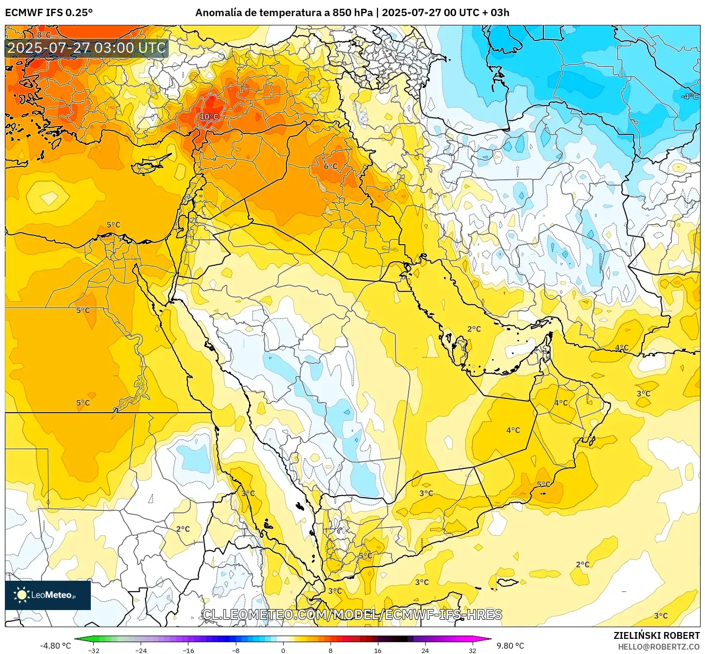 ECMWF IFS 0.25° model - Oriente Medio, Anomalía de temperatura a 850 hPa ECMWF IFS 0.25° model - Oriente Medio, Anomalía de temperatura a 850 hPa