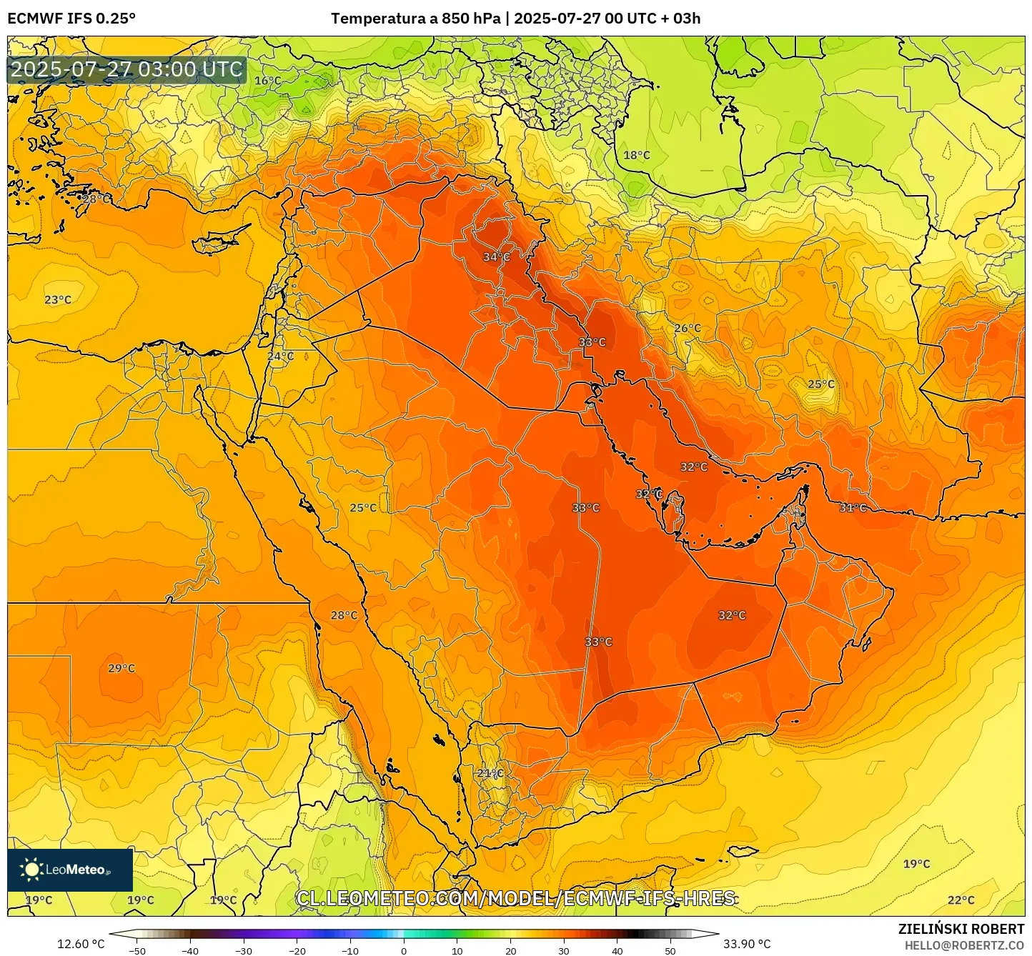 ECMWF IFS 0.25° model - Oriente Medio, Temperatura a 850 hPa ECMWF IFS 0.25° model - Oriente Medio, Temperatura a 850 hPa