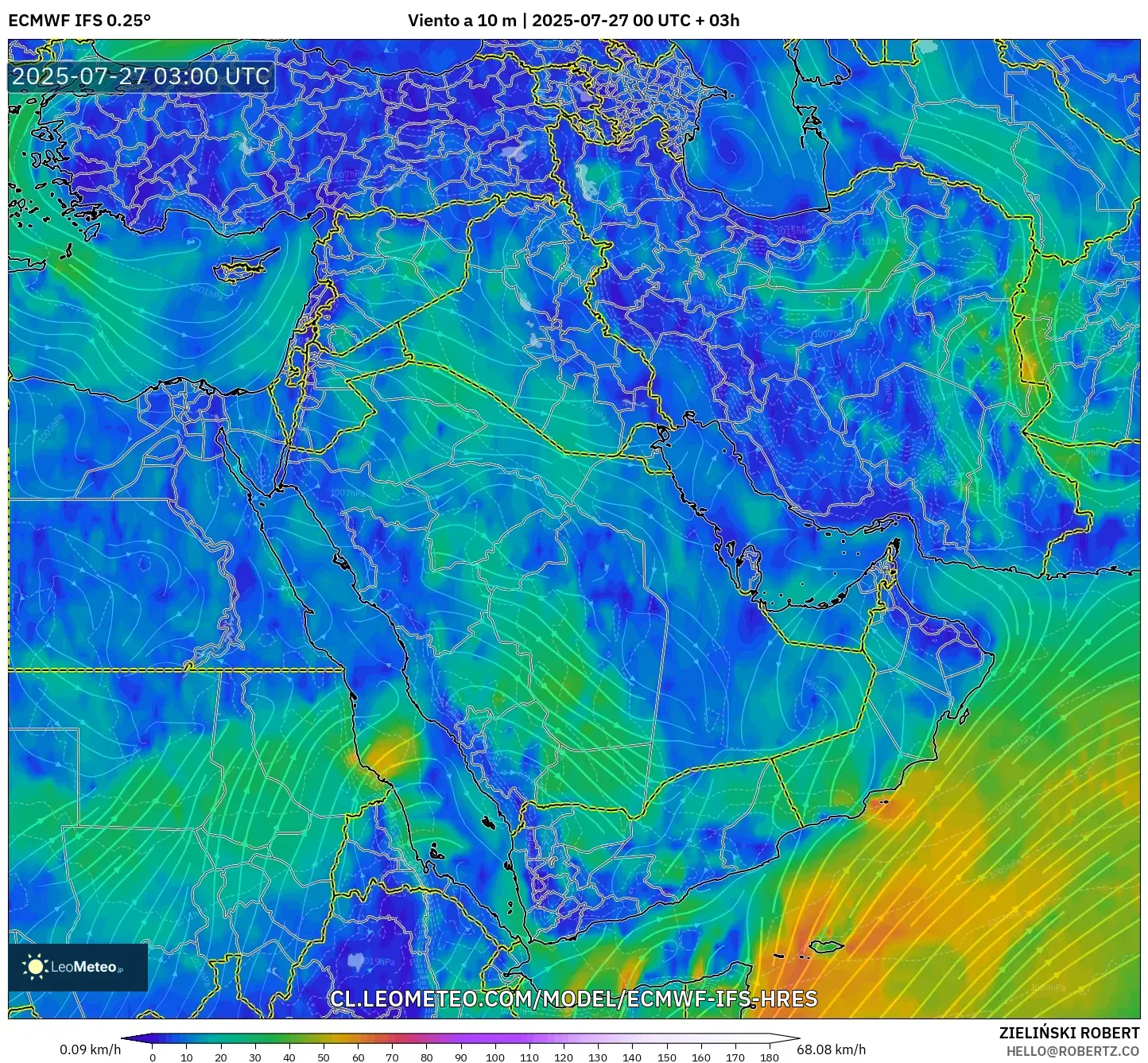 ECMWF IFS 0.25° model - Oriente Medio, Viento a 10 m ECMWF IFS 0.25° model - Oriente Medio, Viento a 10 m