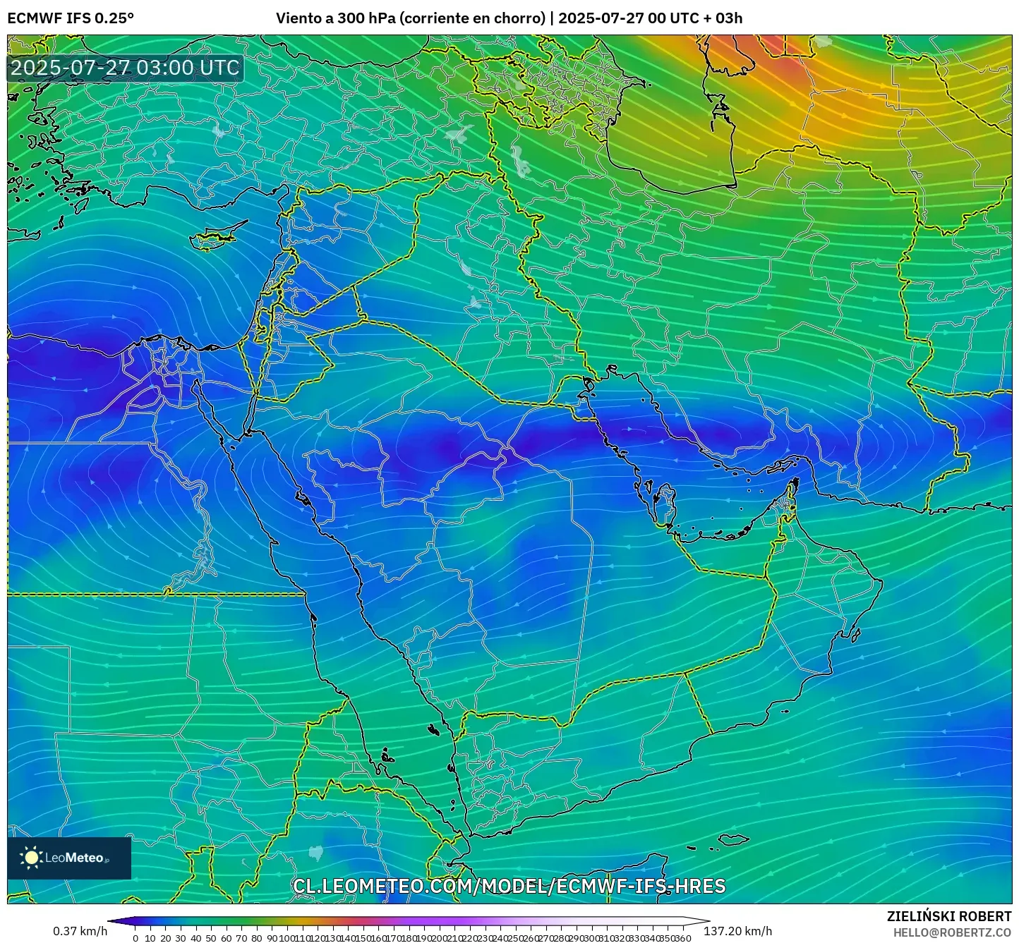 ECMWF IFS 0.25° model - Oriente Medio, Viento a 300 hPa (corriente en chorro) ECMWF IFS 0.25° model - Oriente Medio, Viento a 300 hPa (corriente en chorro)