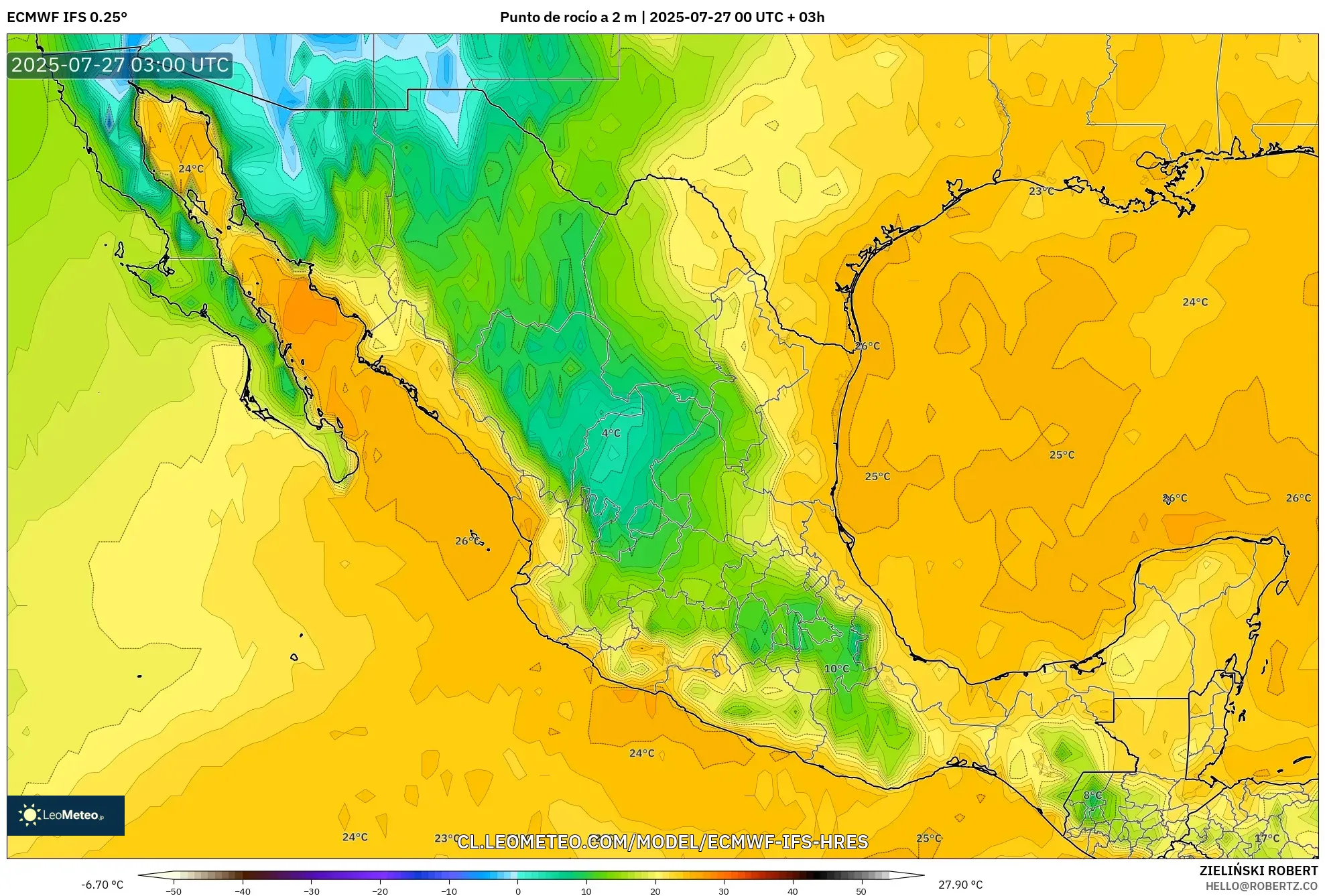 ECMWF IFS 0.25° model - México, Punto de rocío a 2 m ECMWF IFS 0.25° model - México, Punto de rocío a 2 m