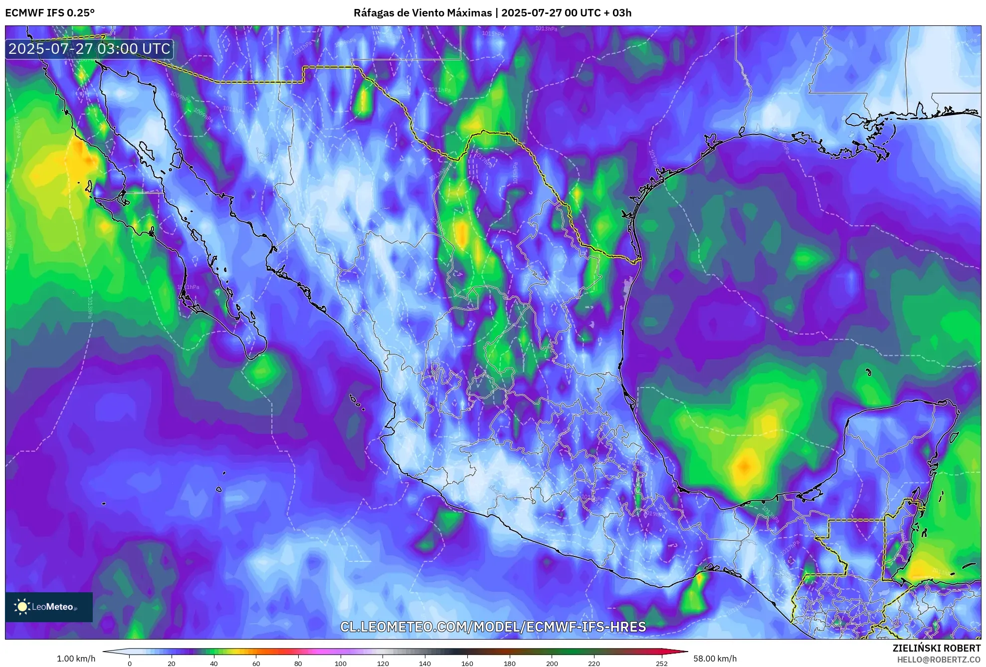 ECMWF IFS 0.25° model - México, Ráfagas de Viento Máximas ECMWF IFS 0.25° model - México, Ráfagas de Viento Máximas