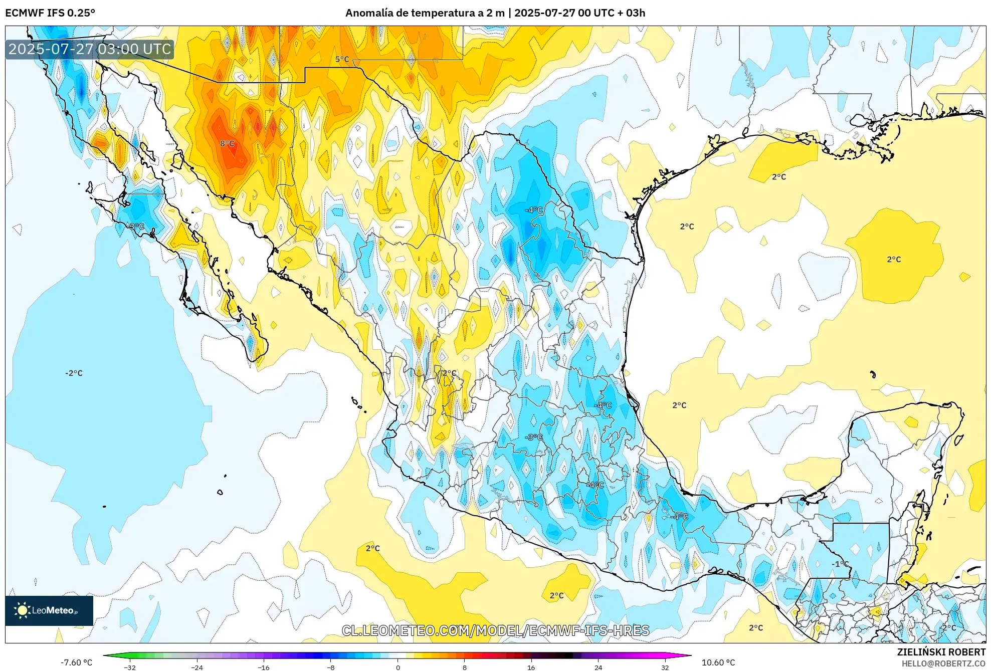 ECMWF IFS 0.25° model - México, Anomalía de temperatura a 2 m ECMWF IFS 0.25° model - México, Anomalía de temperatura a 2 m