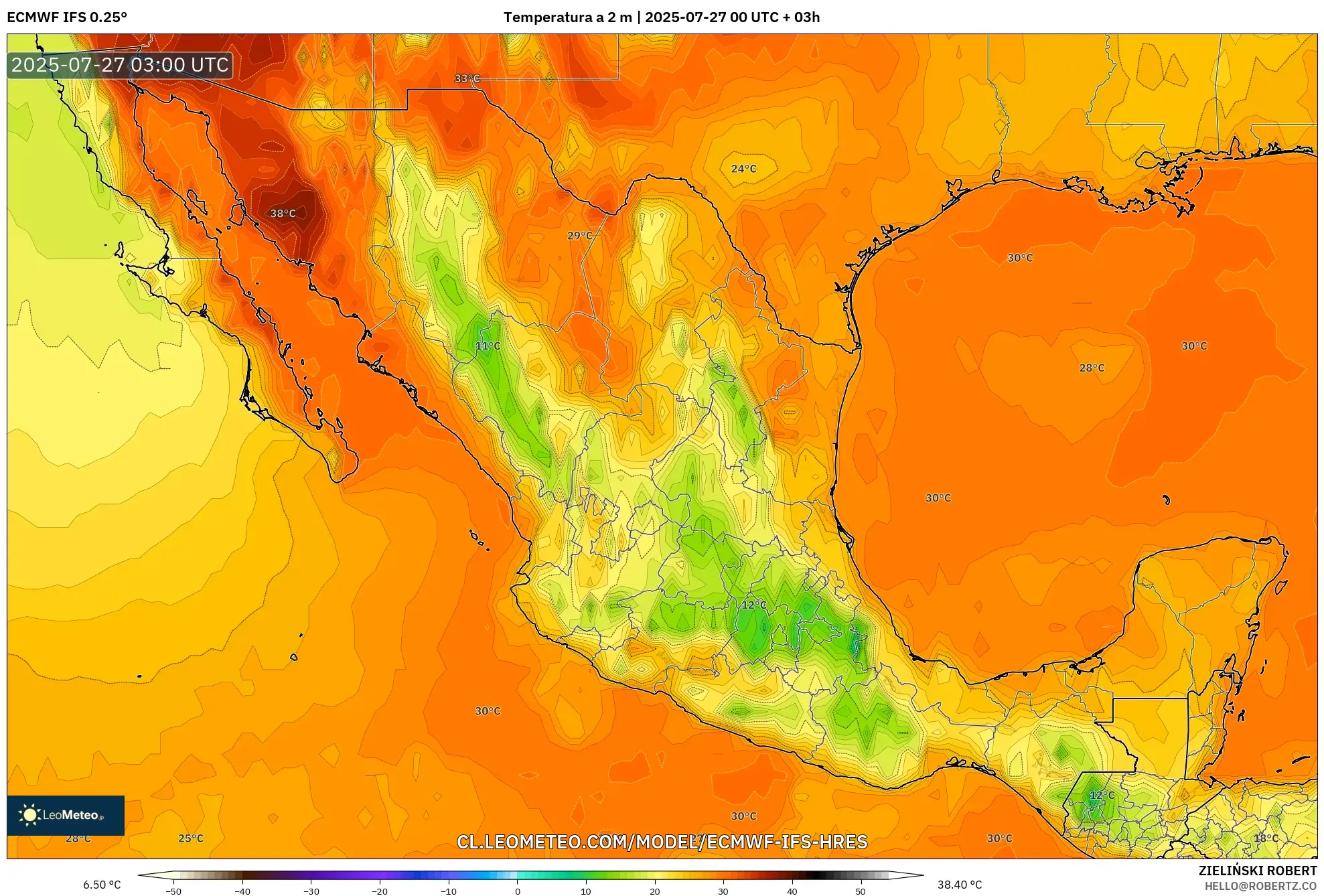 ECMWF IFS 0.25° model - México, Temperatura a 2 m ECMWF IFS 0.25° model - México, Temperatura a 2 m