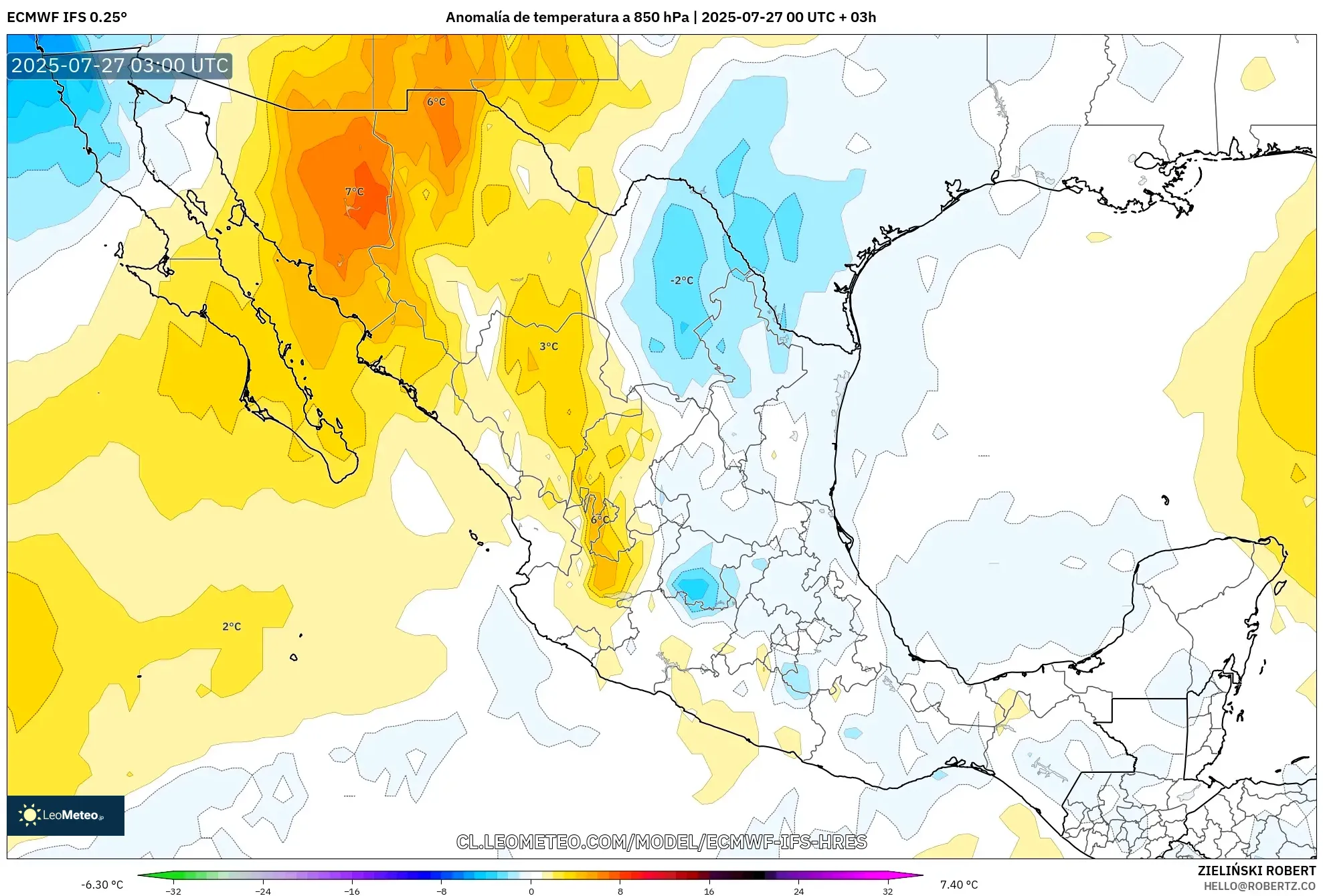 ECMWF IFS 0.25° model - México, Anomalía de temperatura a 850 hPa ECMWF IFS 0.25° model - México, Anomalía de temperatura a 850 hPa