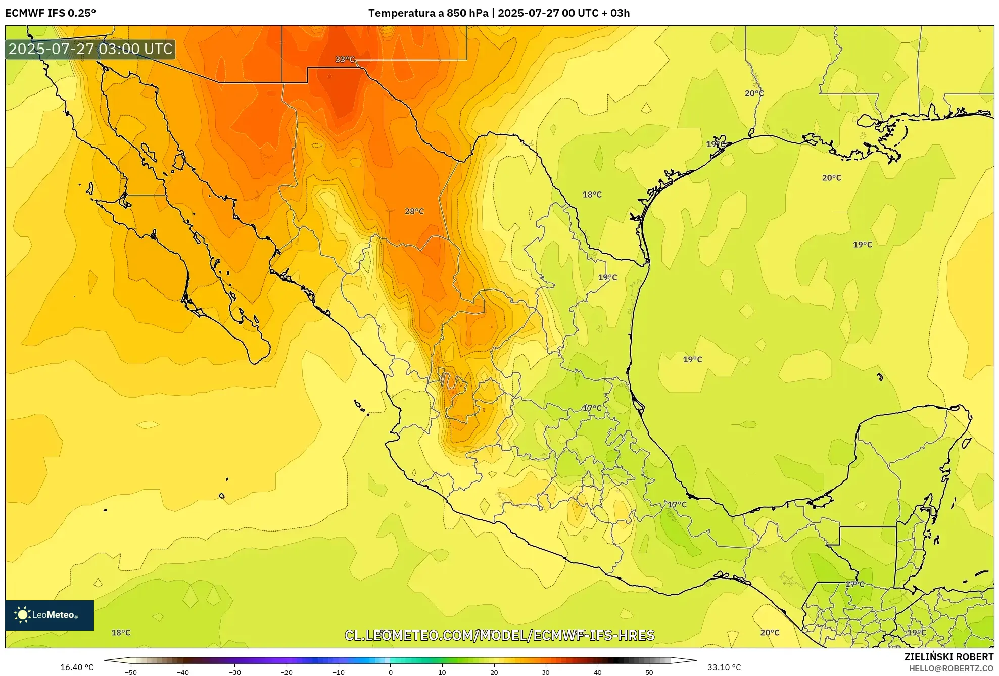ECMWF IFS 0.25° model - México, Temperatura a 850 hPa ECMWF IFS 0.25° model - México, Temperatura a 850 hPa