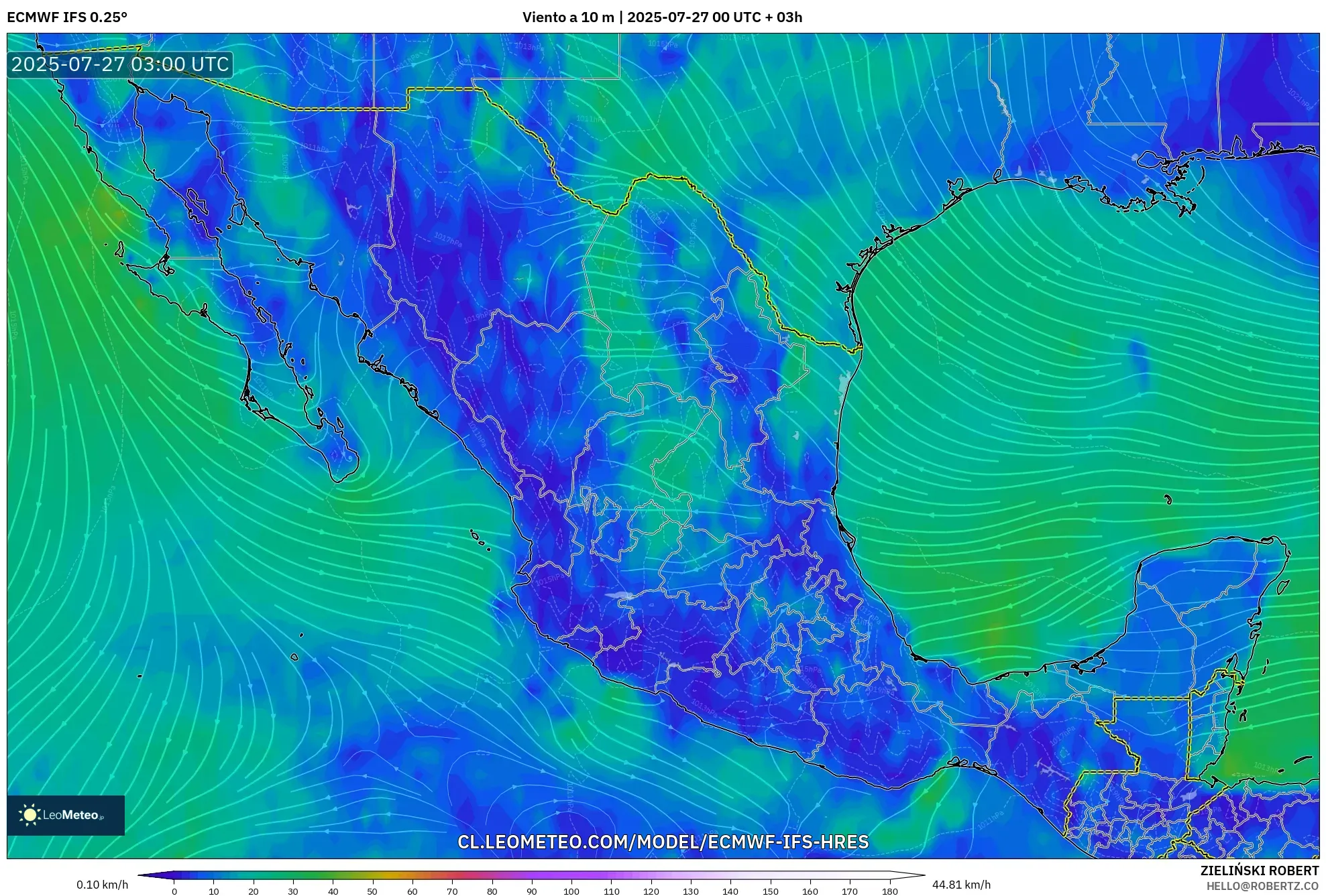 ECMWF IFS 0.25° model - México, Viento a 10 m ECMWF IFS 0.25° model - México, Viento a 10 m