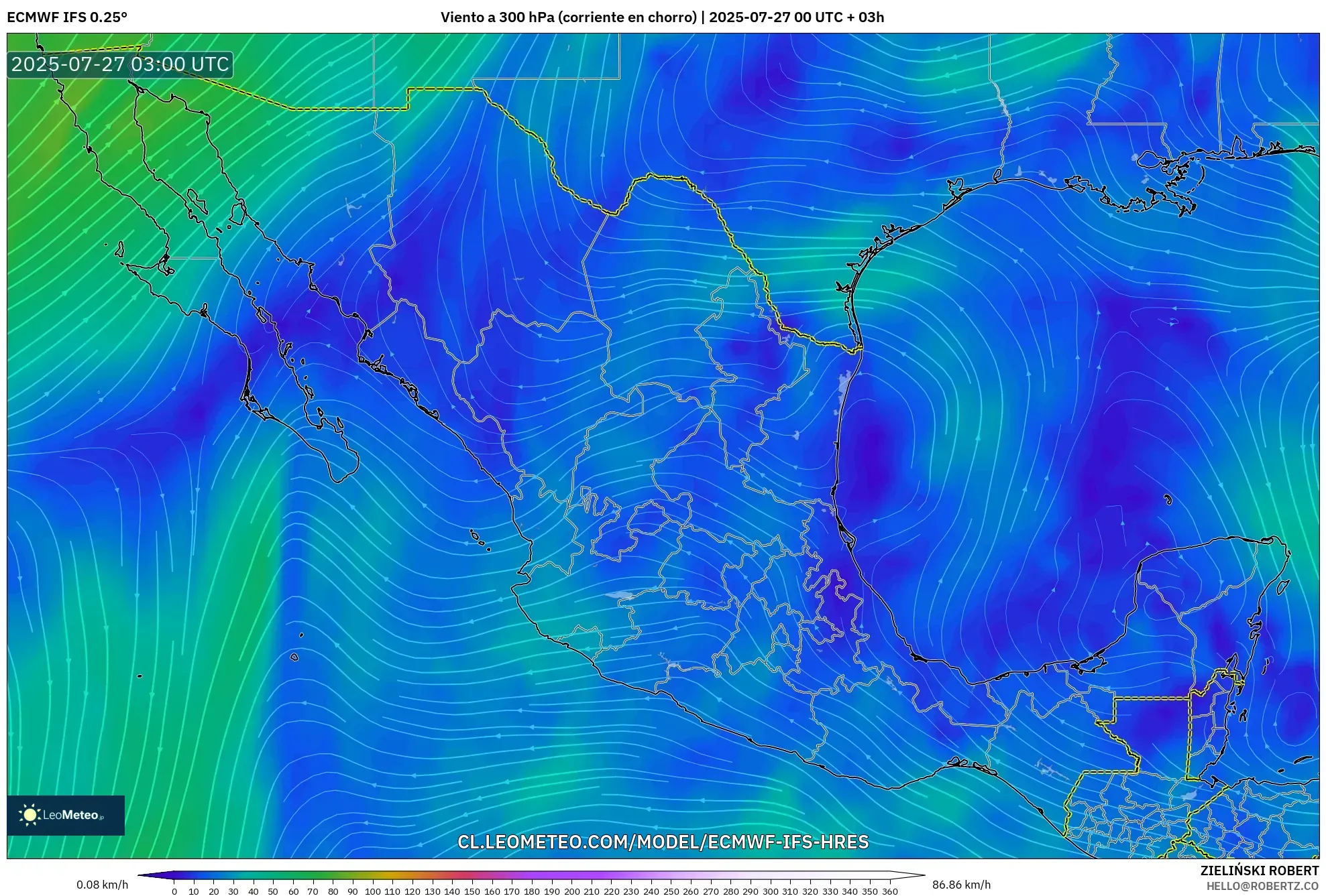 ECMWF IFS 0.25° model - México, Viento a 300 hPa (corriente en chorro) ECMWF IFS 0.25° model - México, Viento a 300 hPa (corriente en chorro)