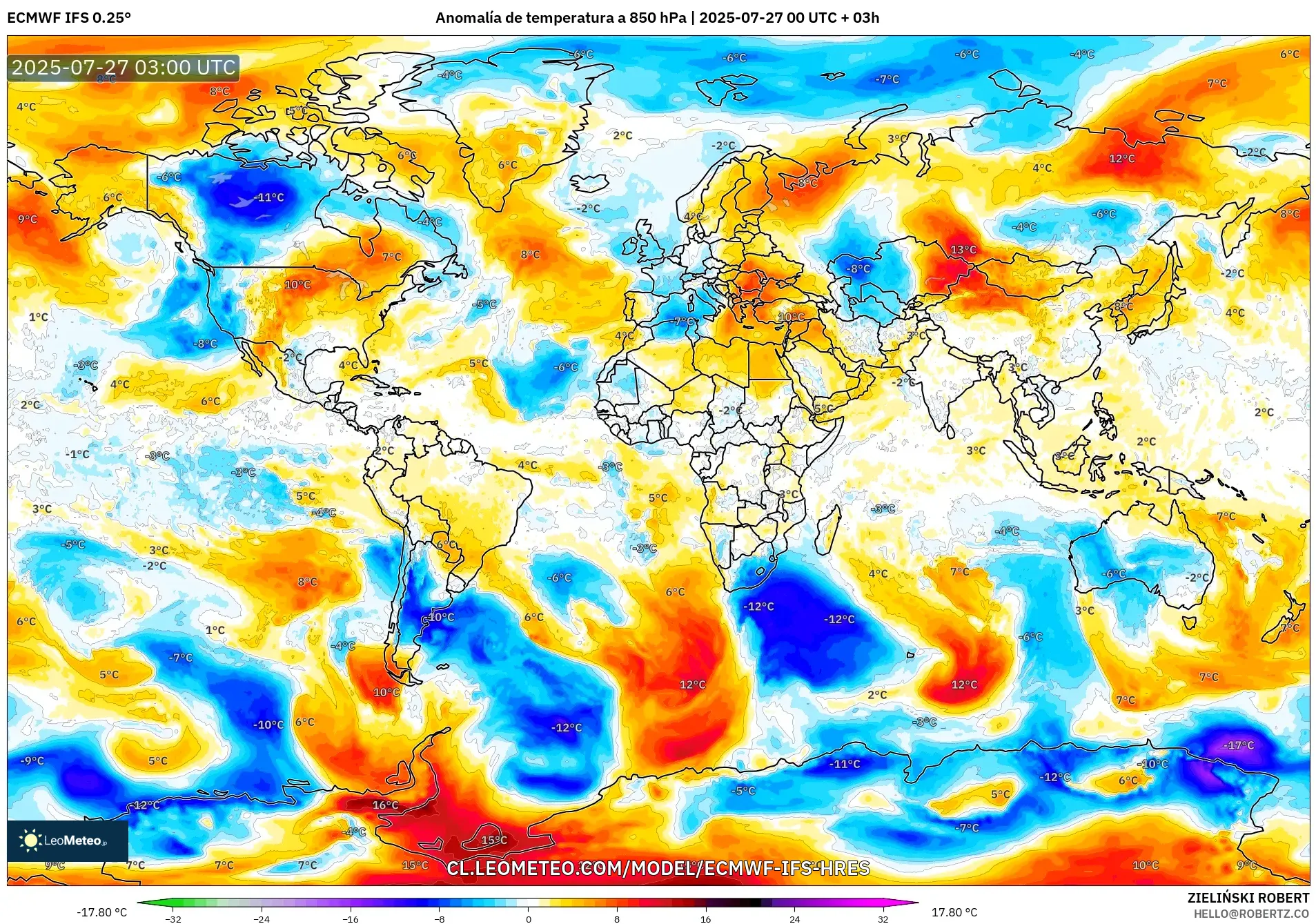 ECMWF IFS 0.25° model - Mundo, Anomalía de temperatura a 850 hPa ECMWF IFS 0.25° model - Mundo, Anomalía de temperatura a 850 hPa
