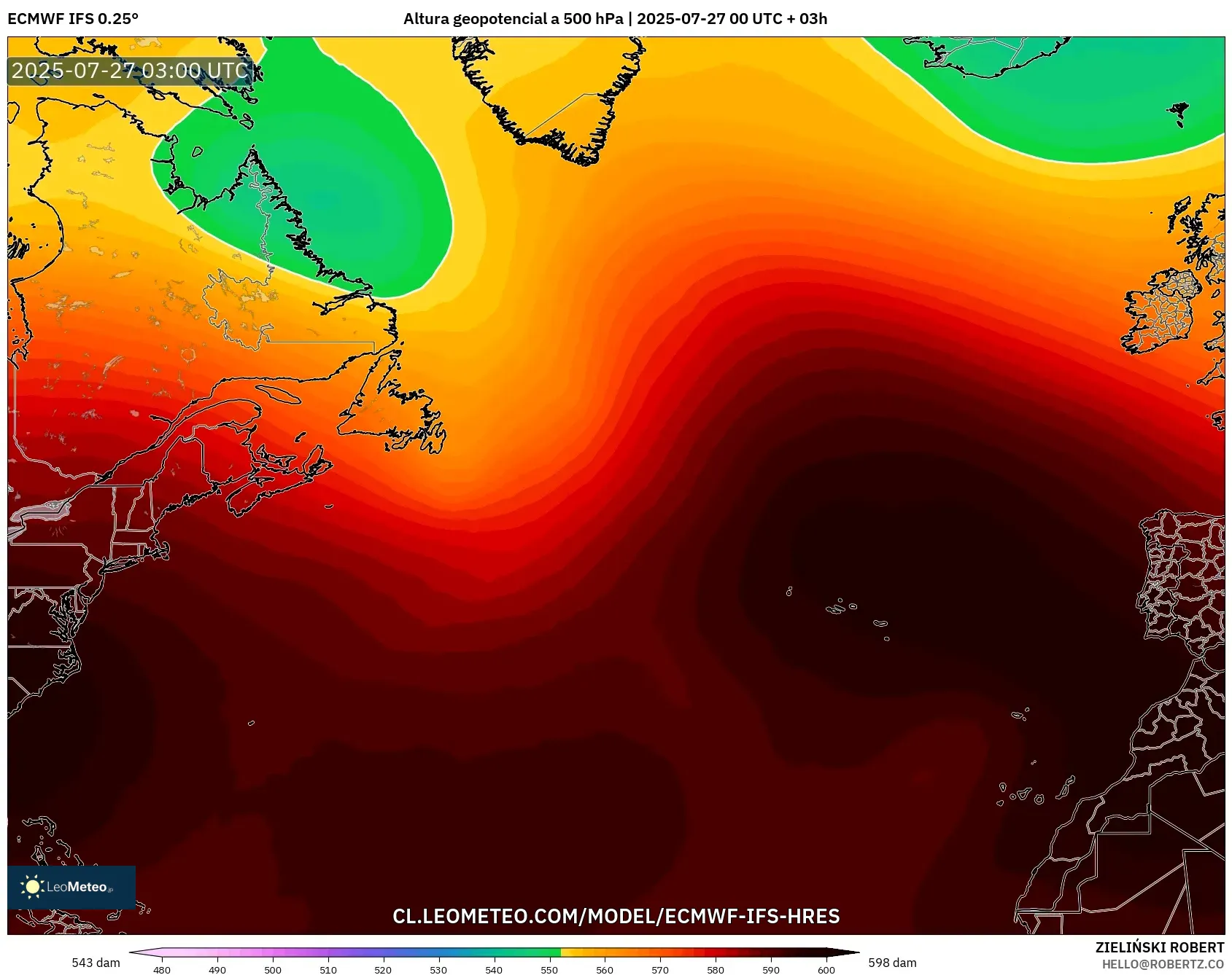 ECMWF IFS 0.25° model - Norte Atlántico, Altura geopotencial a 500 hPa ECMWF IFS 0.25° model - Norte Atlántico, Altura geopotencial a 500 hPa