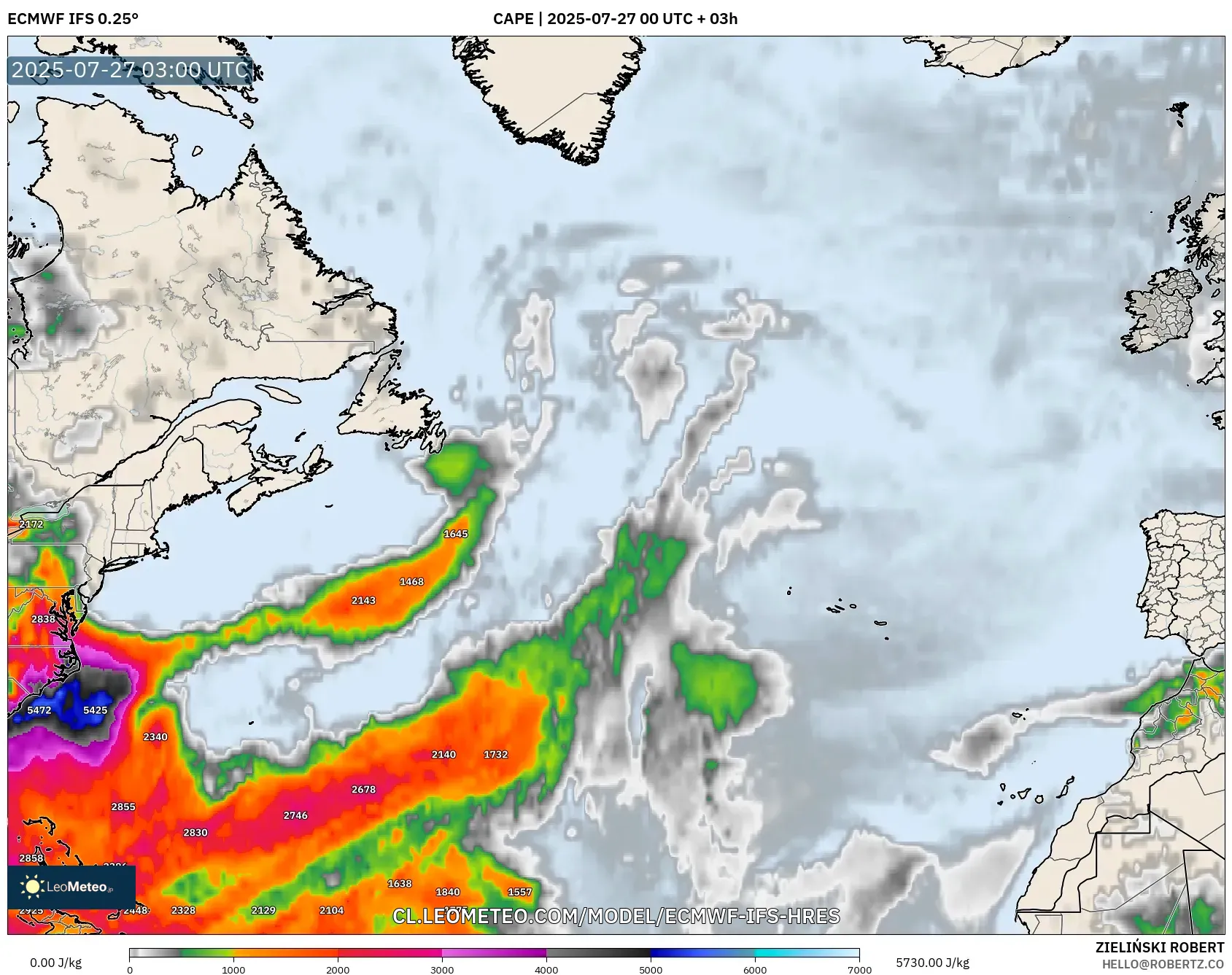 ECMWF IFS 0.25° model - Norte Atlántico, CAPE ECMWF IFS 0.25° model - Norte Atlántico, CAPE