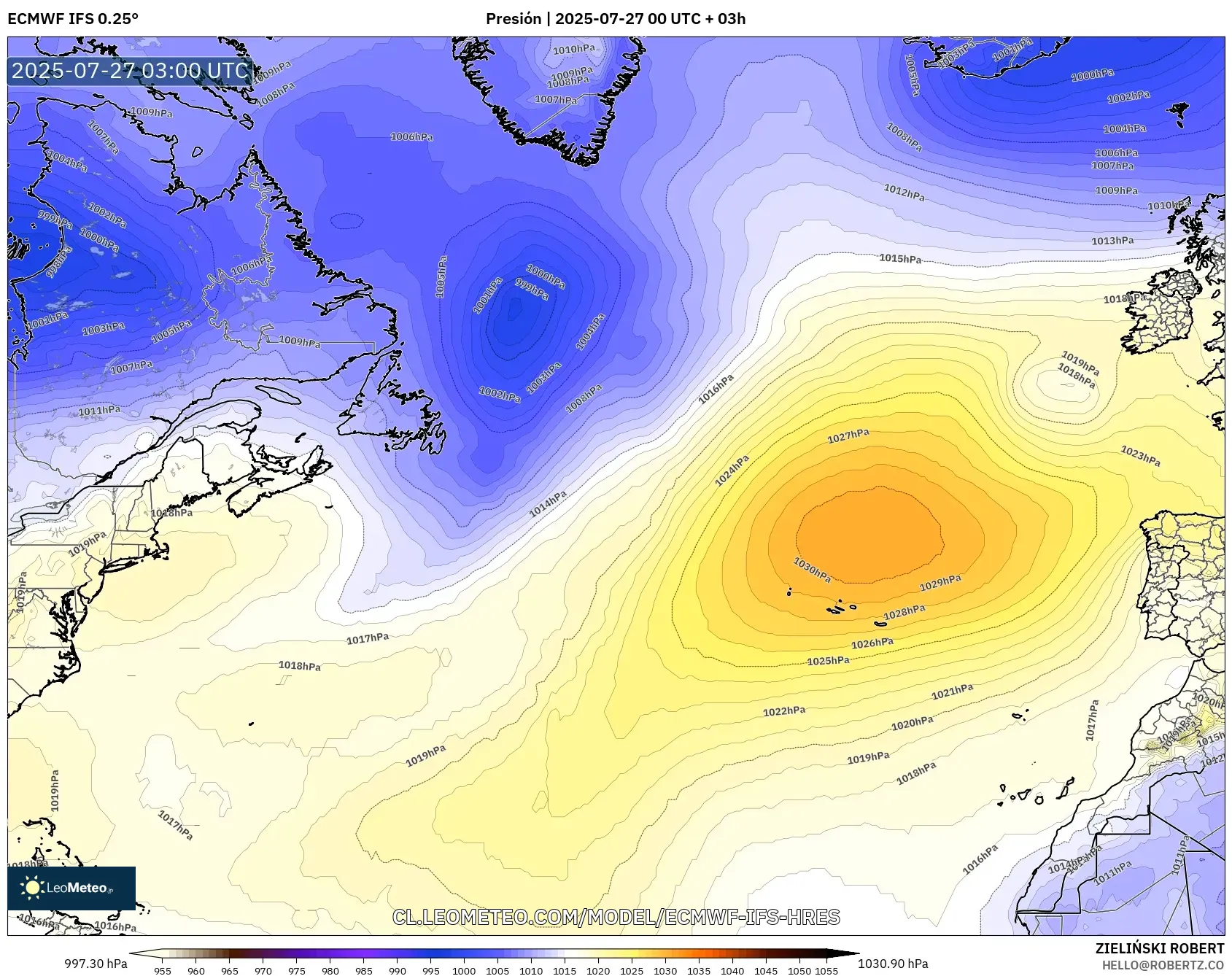 ECMWF IFS 0.25° model - Norte Atlántico, Presión ECMWF IFS 0.25° model - Norte Atlántico, Presión