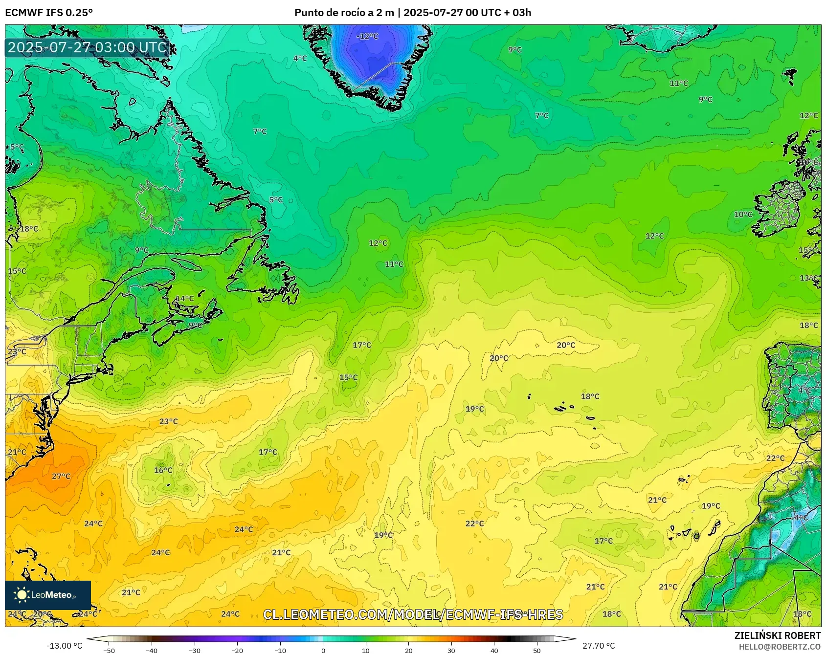 ECMWF IFS 0.25° model - Norte Atlántico, Punto de rocío a 2 m ECMWF IFS 0.25° model - Norte Atlántico, Punto de rocío a 2 m