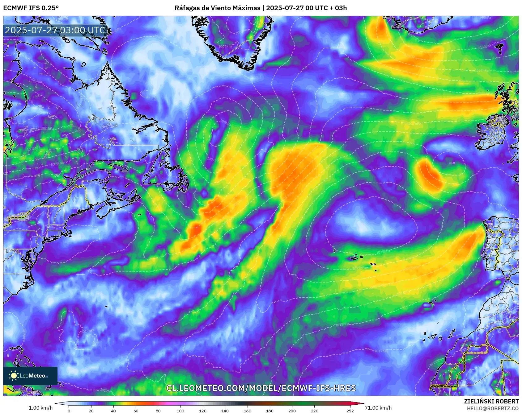 ECMWF IFS 0.25° model - Norte Atlántico, Ráfagas de Viento Máximas ECMWF IFS 0.25° model - Norte Atlántico, Ráfagas de Viento Máximas