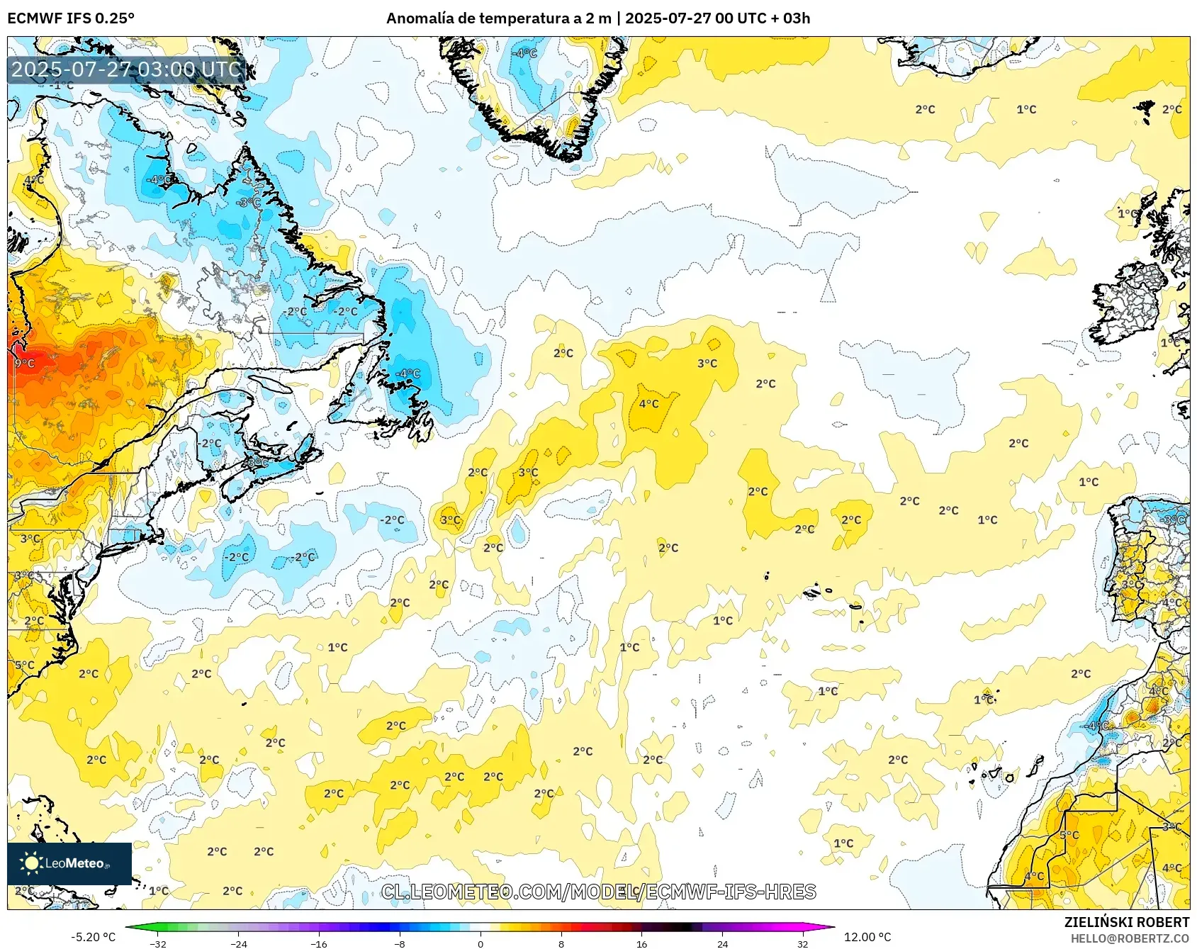 ECMWF IFS 0.25° model - Norte Atlántico, Anomalía de temperatura a 2 m ECMWF IFS 0.25° model - Norte Atlántico, Anomalía de temperatura a 2 m