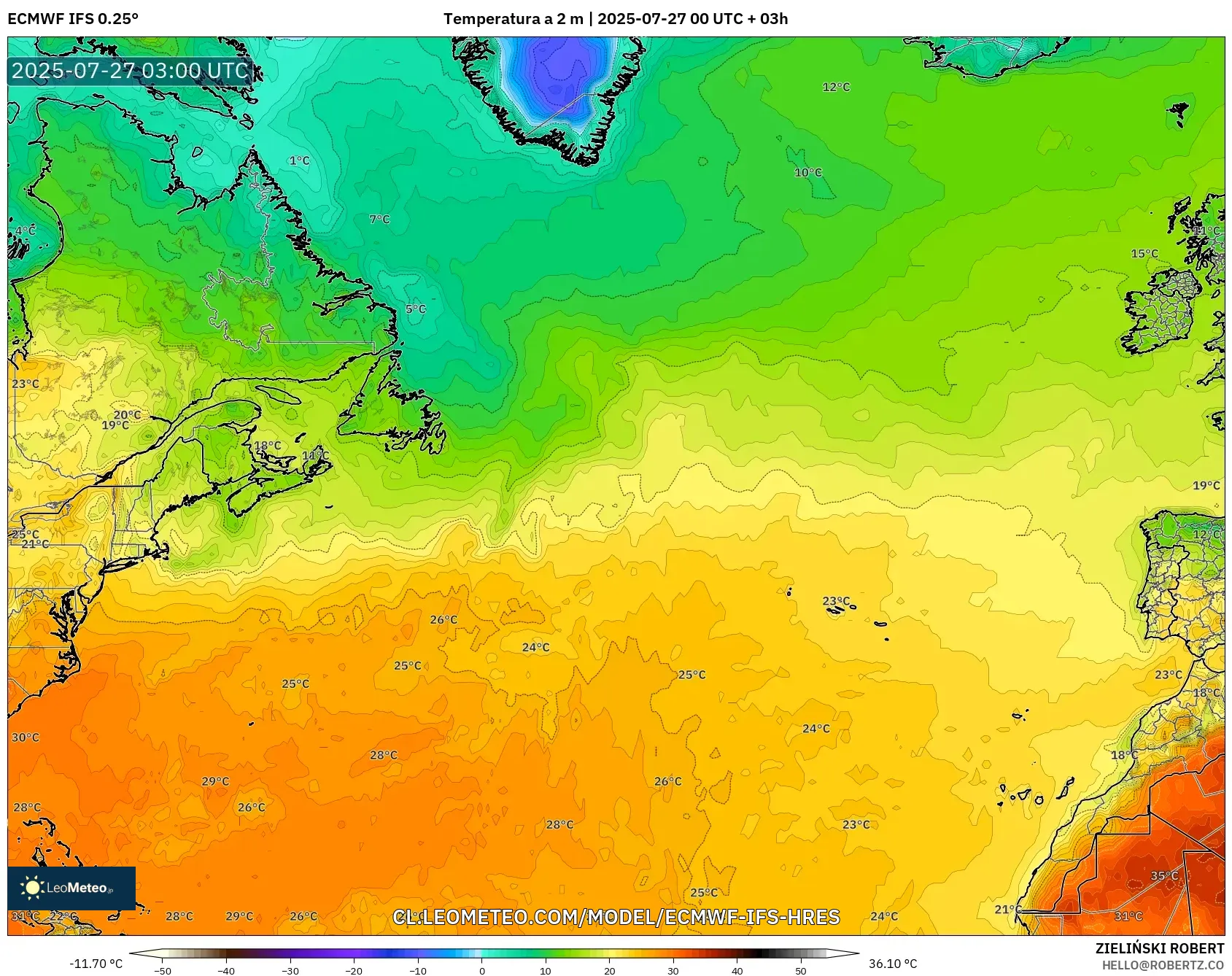ECMWF IFS 0.25° model - Norte Atlántico, Temperatura a 2 m