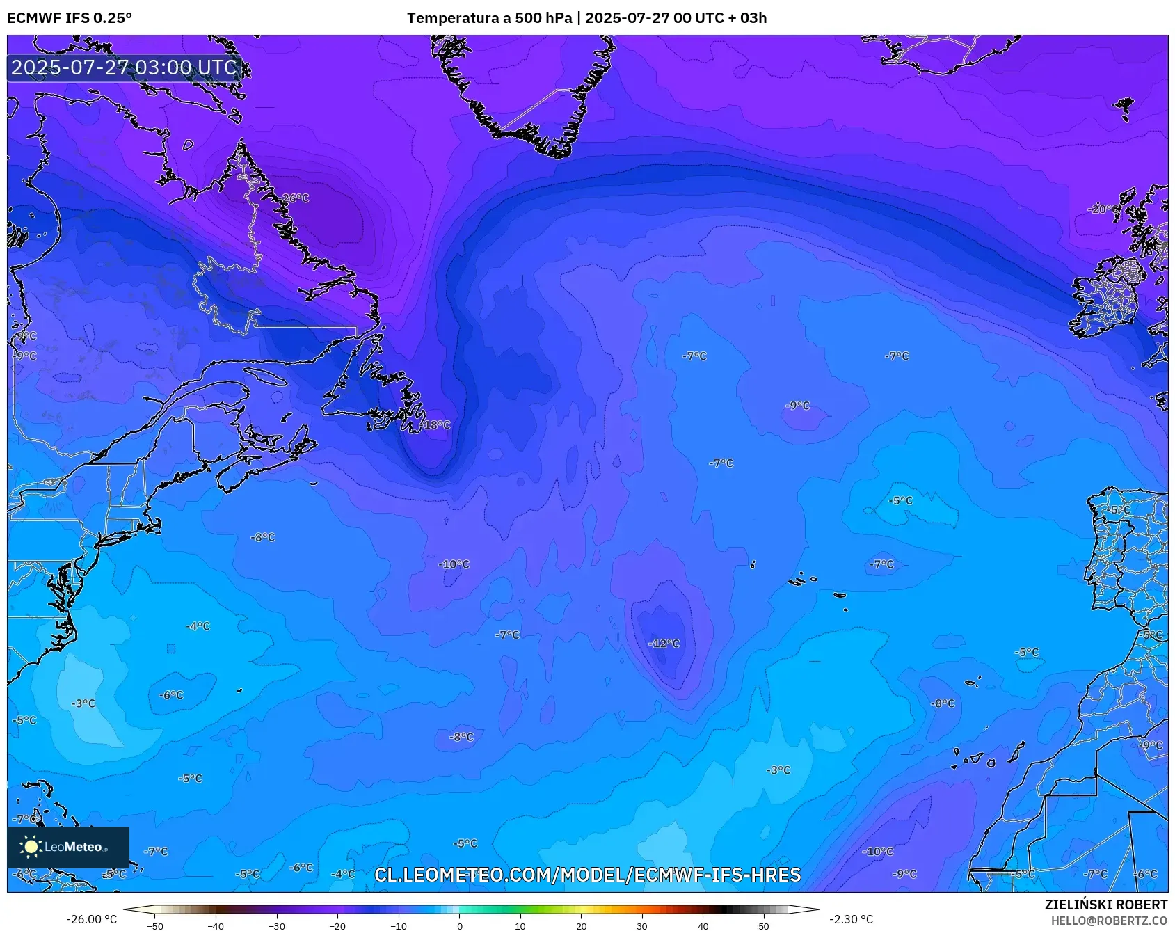 ECMWF IFS 0.25° model - Norte Atlántico, Temperatura a 500 hPa ECMWF IFS 0.25° model - Norte Atlántico, Temperatura a 500 hPa