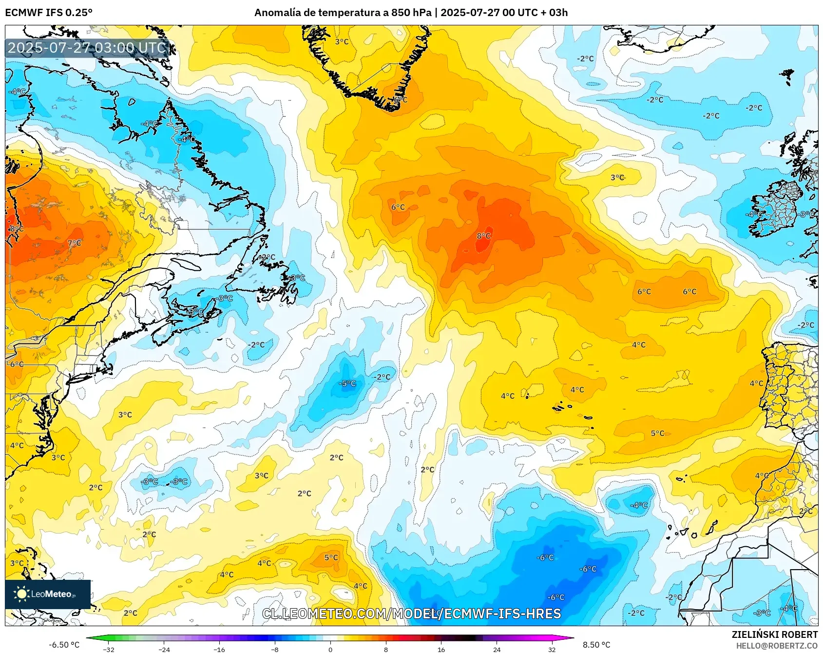 ECMWF IFS 0.25° model - Norte Atlántico, Anomalía de temperatura a 850 hPa ECMWF IFS 0.25° model - Norte Atlántico, Anomalía de temperatura a 850 hPa