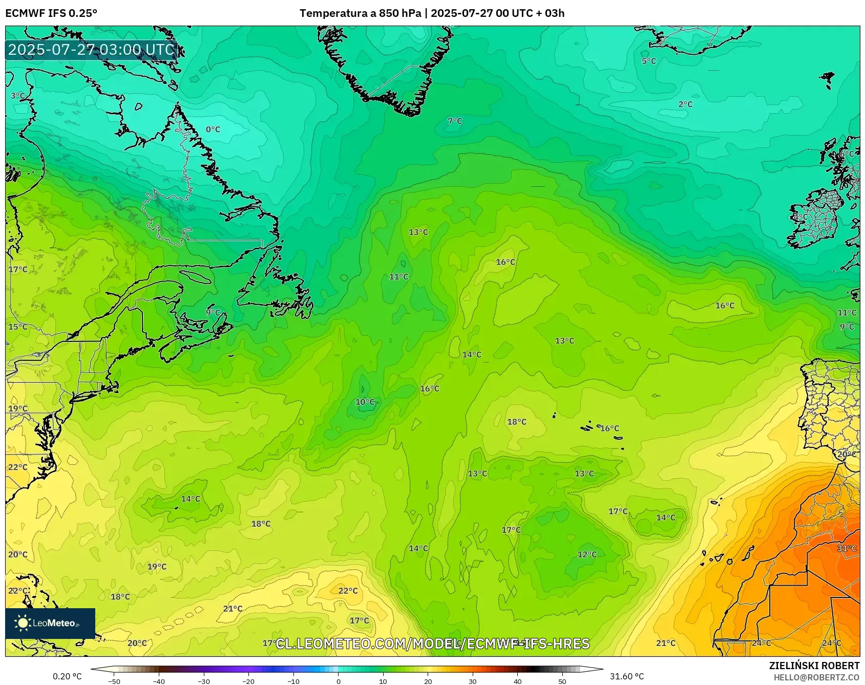 ECMWF IFS 0.25° model - Norte Atlántico, Temperatura a 850 hPa