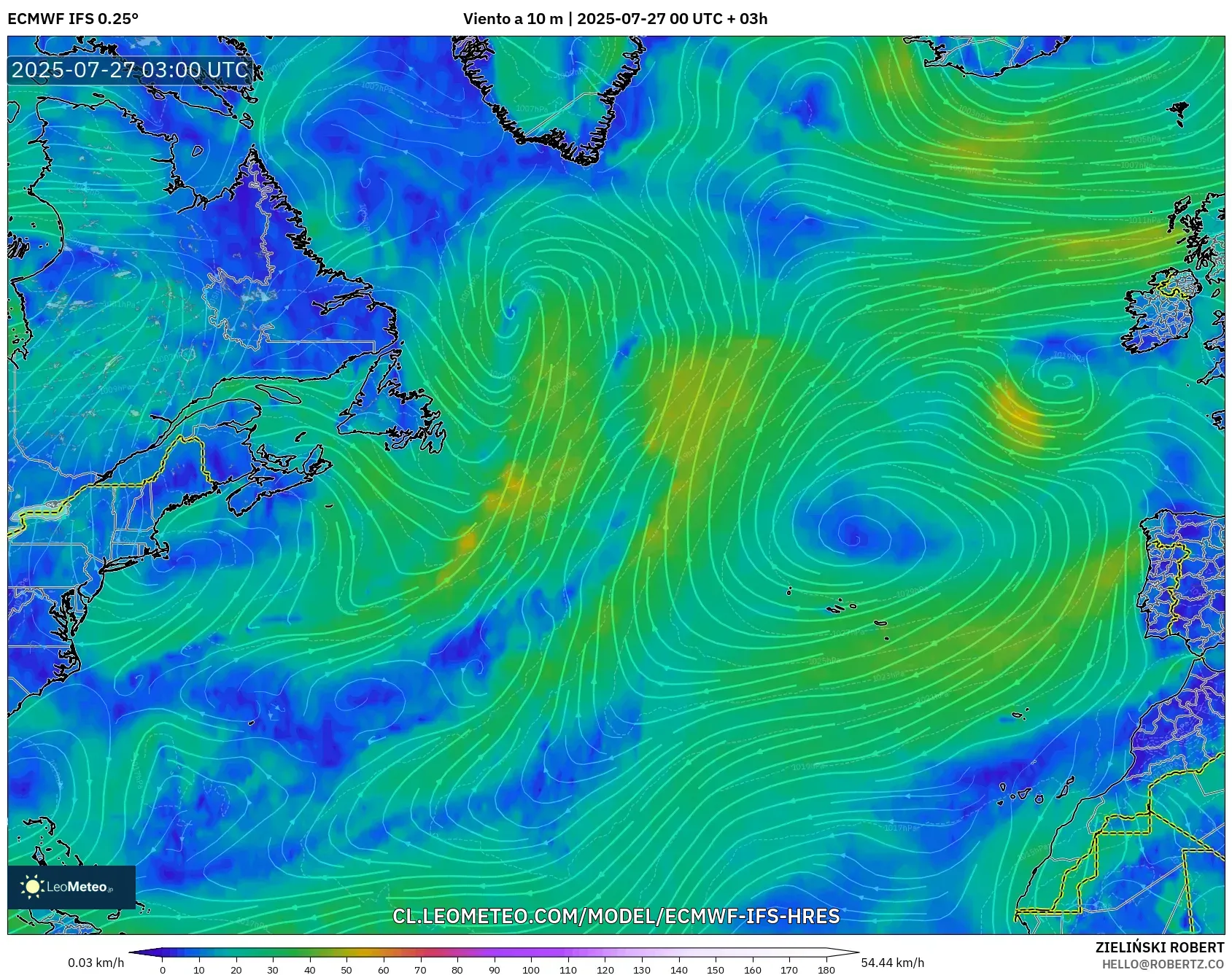 ECMWF IFS 0.25° model - Norte Atlántico, Viento a 10 m ECMWF IFS 0.25° model - Norte Atlántico, Viento a 10 m