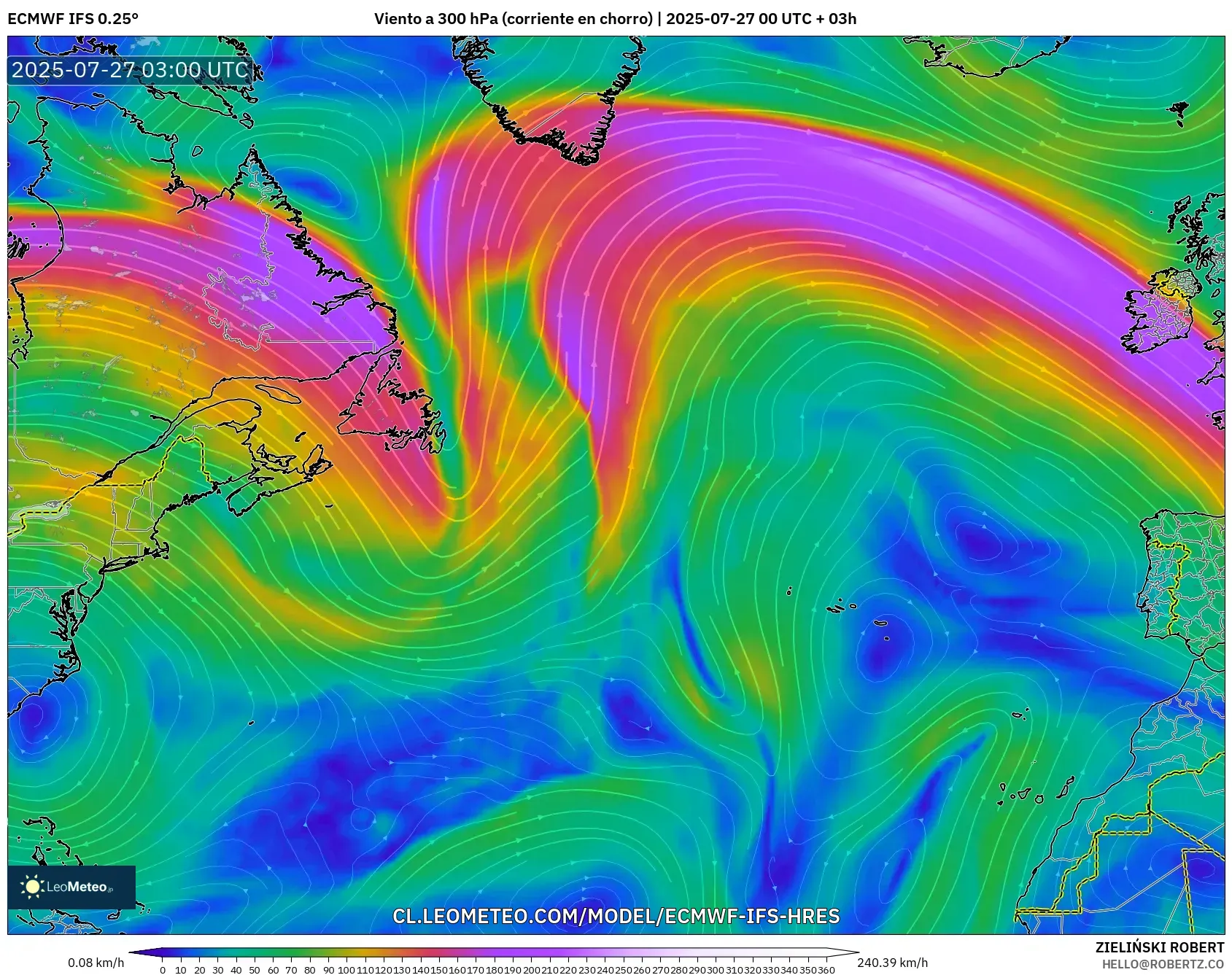 ECMWF IFS 0.25° model - Norte Atlántico, Viento a 300 hPa (corriente en chorro) ECMWF IFS 0.25° model - Norte Atlántico, Viento a 300 hPa (corriente en chorro)