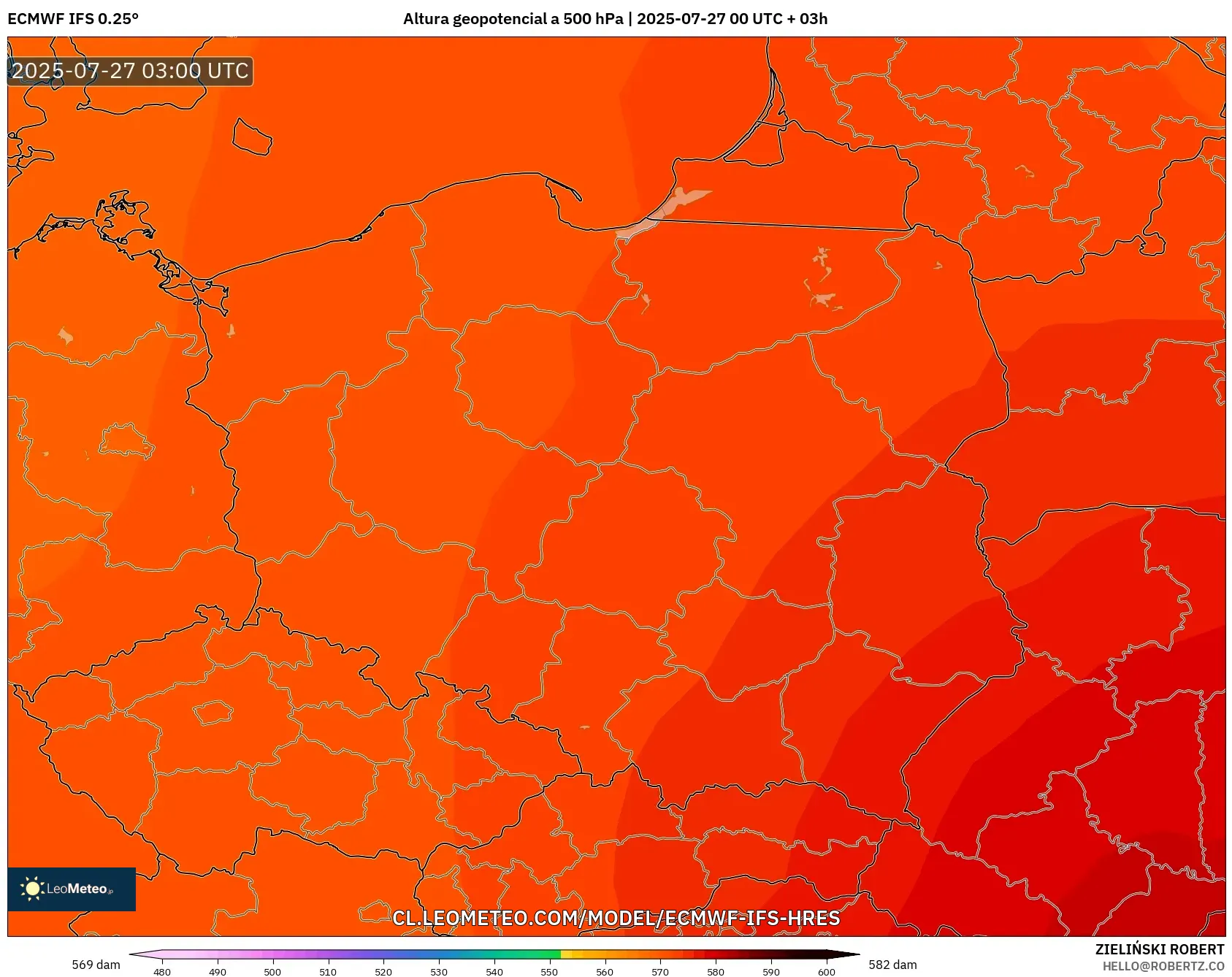 ECMWF IFS 0.25° model - Polonia, Altura geopotencial a 500 hPa ECMWF IFS 0.25° model - Polonia, Altura geopotencial a 500 hPa