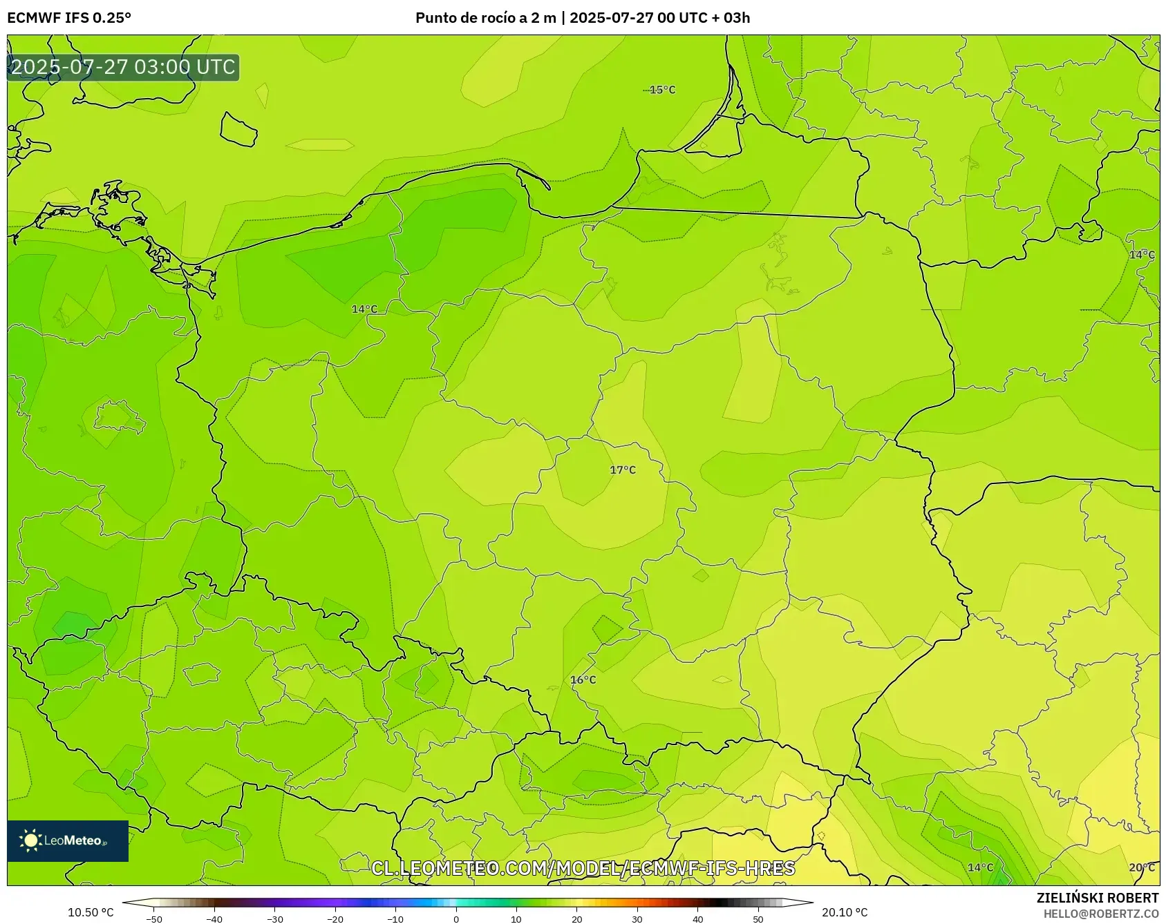 ECMWF IFS 0.25° model - Polonia, Punto de rocío a 2 m ECMWF IFS 0.25° model - Polonia, Punto de rocío a 2 m